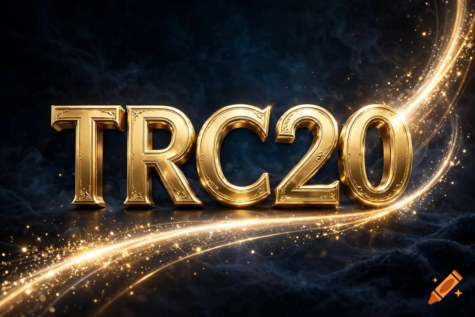 Golden 3D letters spelling 'TRC20' on a dark blue smoky background with glowing light trails and sparkles.