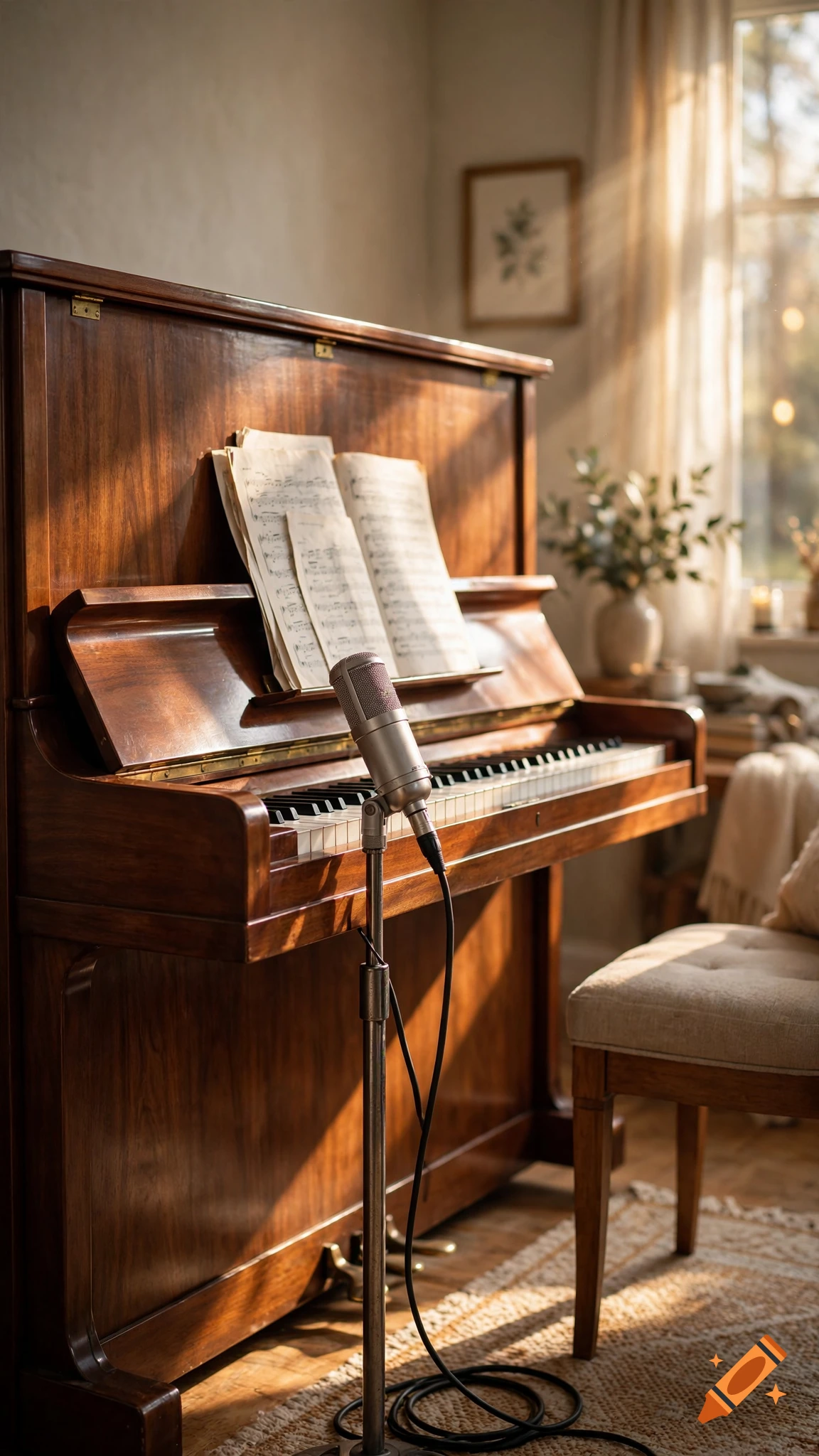 Photorealistic image of a vintage upright piano with sheet music and a microphone stand in a sunlit cozy room.