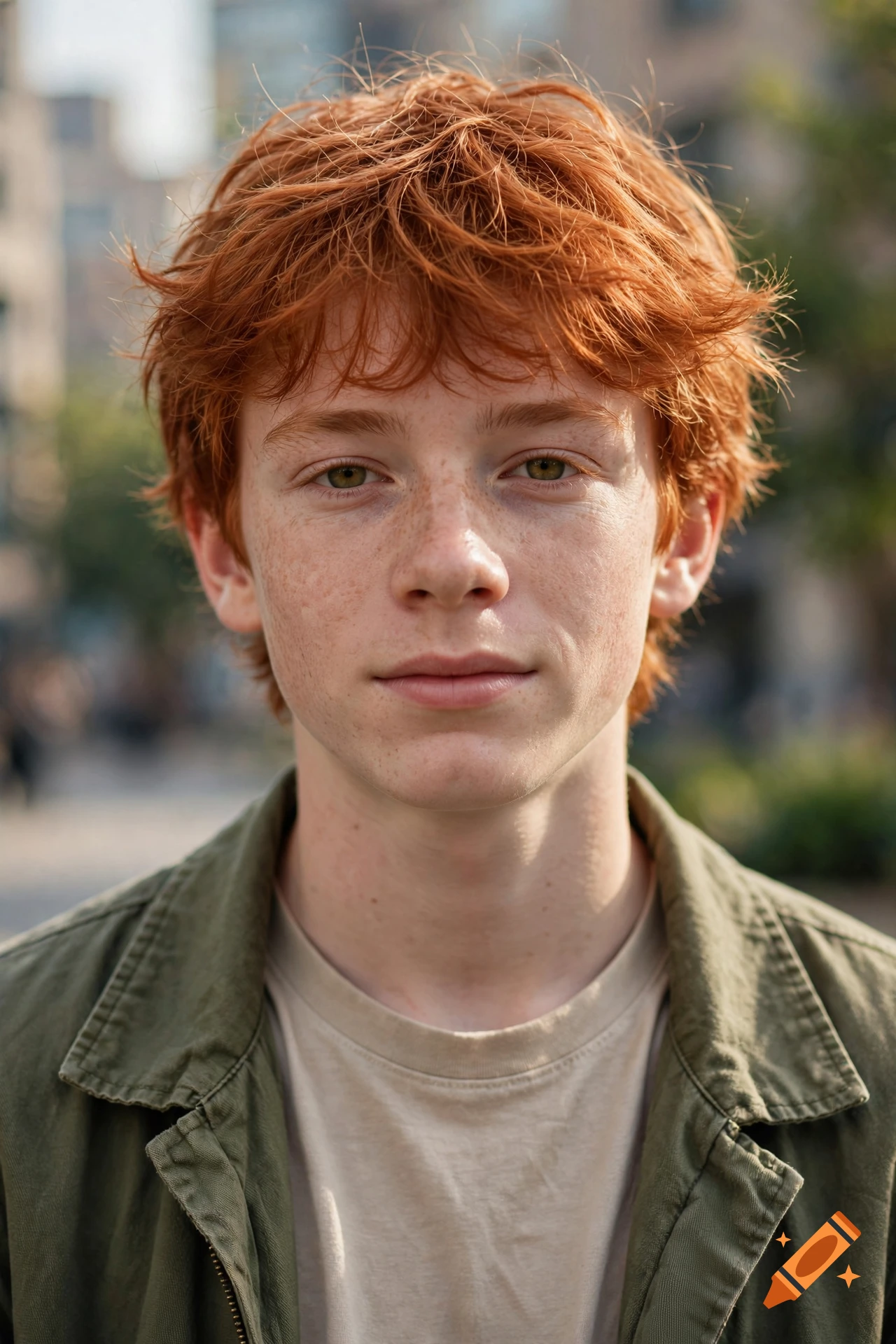 Photorealistic close-up portrait of a teen boy with messy red hair, freckles, and a green jacket outdoors.