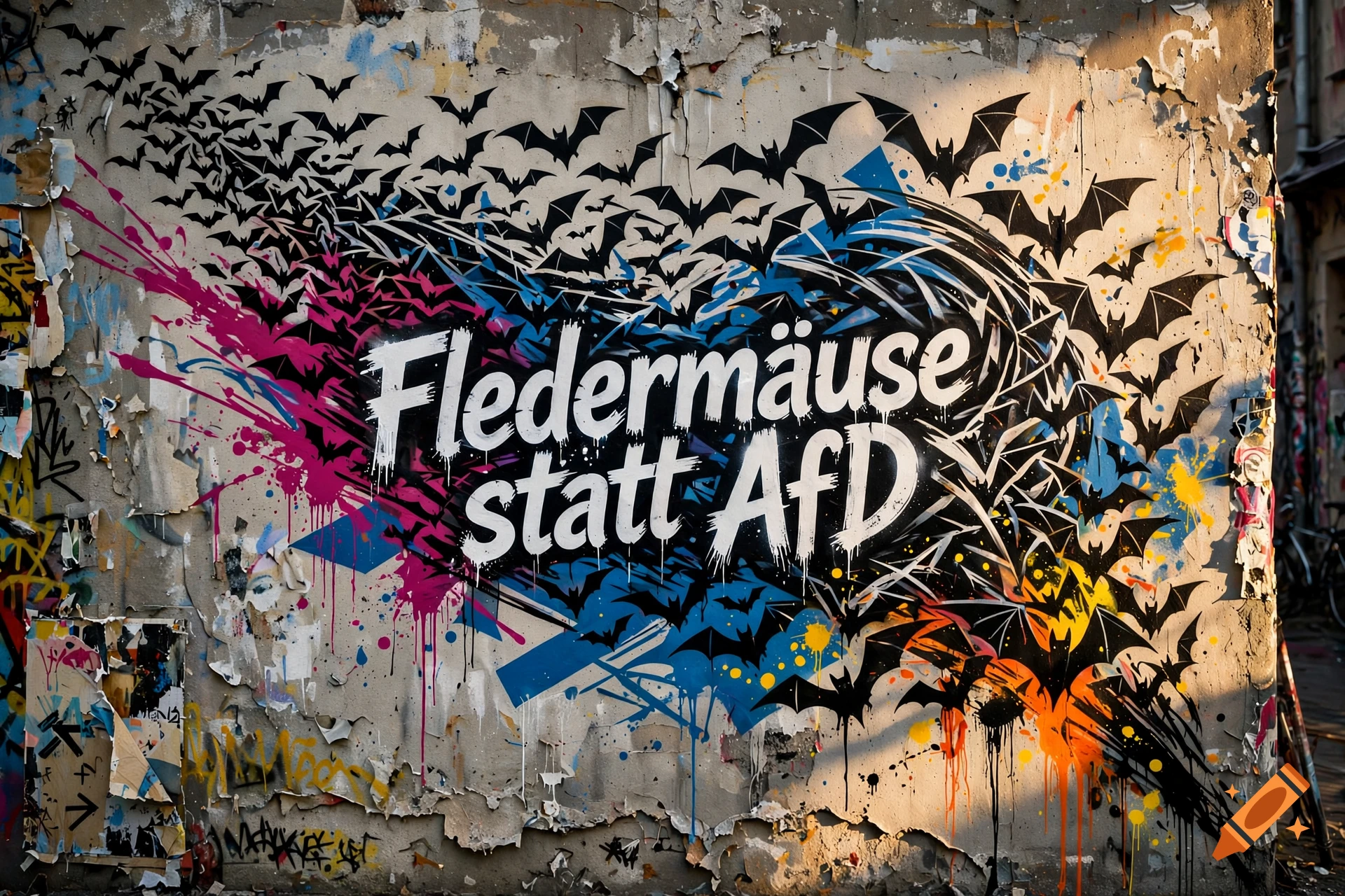 Graffiti on a concrete wall in Berlin showing a swarm of stylized bats and the text Fledermäuse statt AfD.