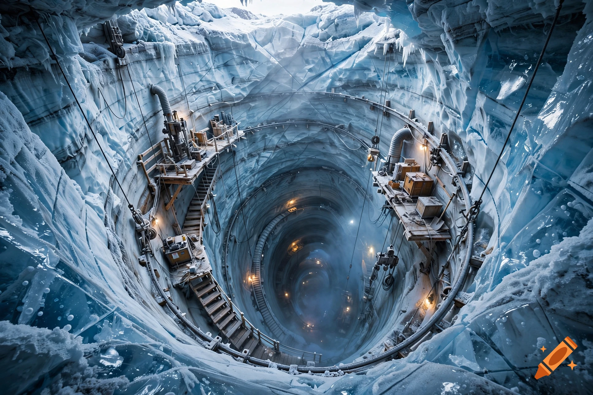 An angled photorealistic view of a massive, circular mining shaft excavated through solid, glowing blue ice with scaffolding.