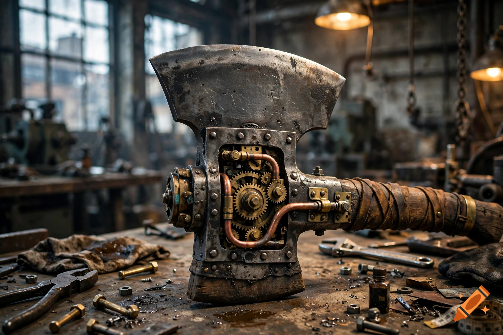 Close-up photorealistic image of a steampunk axe resting on a cluttered wooden workbench in a workshop.