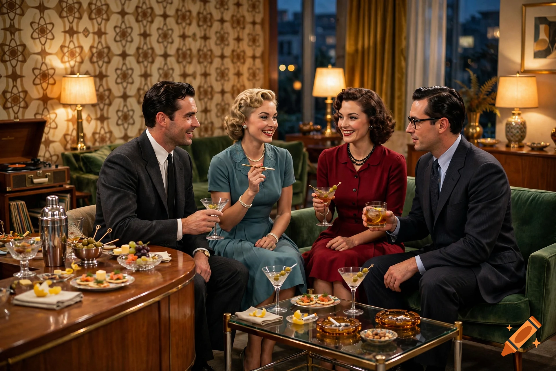 Two couples in mid-century attire are gathered in a living room, smiling and holding cocktails.