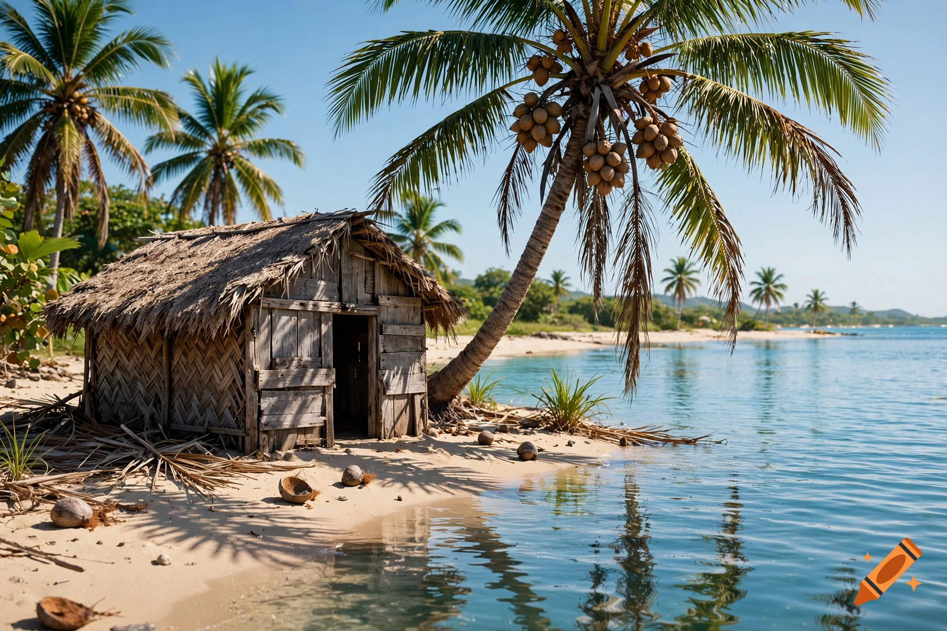 Photorealistic image of a rustic wooden beach hut with a thatched roof under a large leaning coconut palm tree by the ocean.