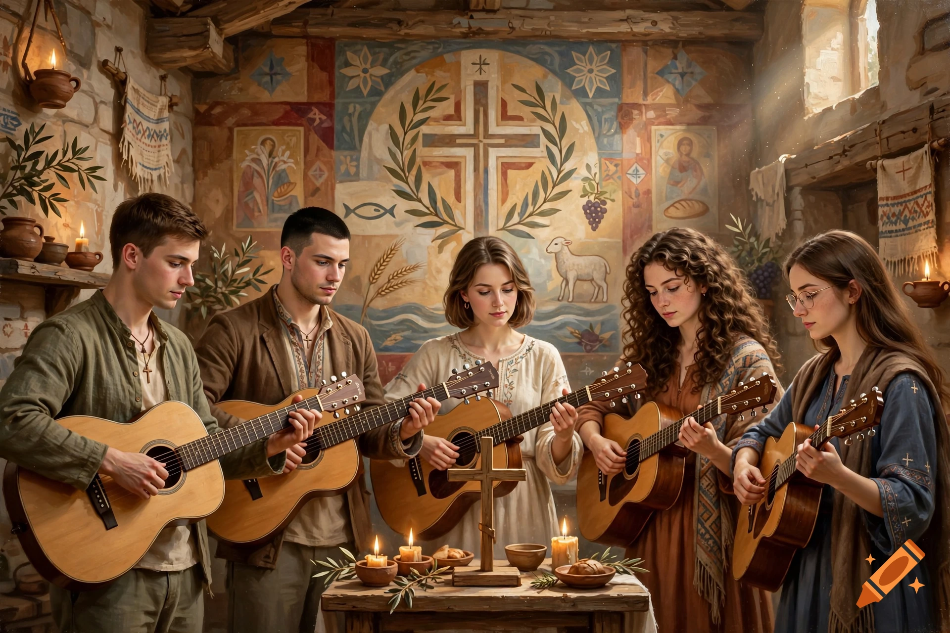 Five young people playing acoustic guitars together in a rustic room with a religious mural and candles.