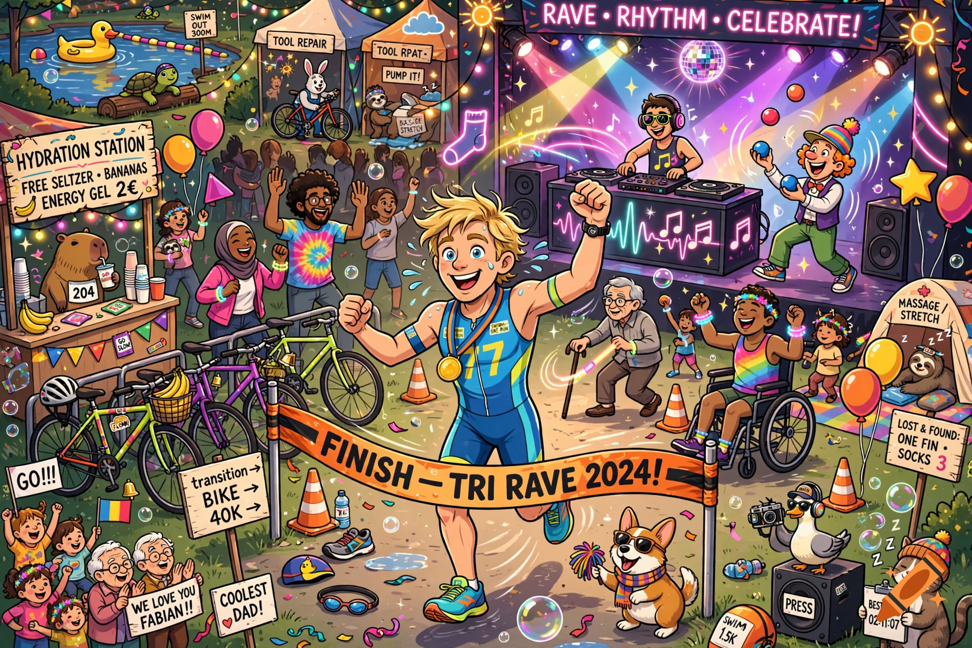 Detailed cartoon illustration of a blonde athlete finishing a triathlon at a vibrant rave festival with music and dancing.