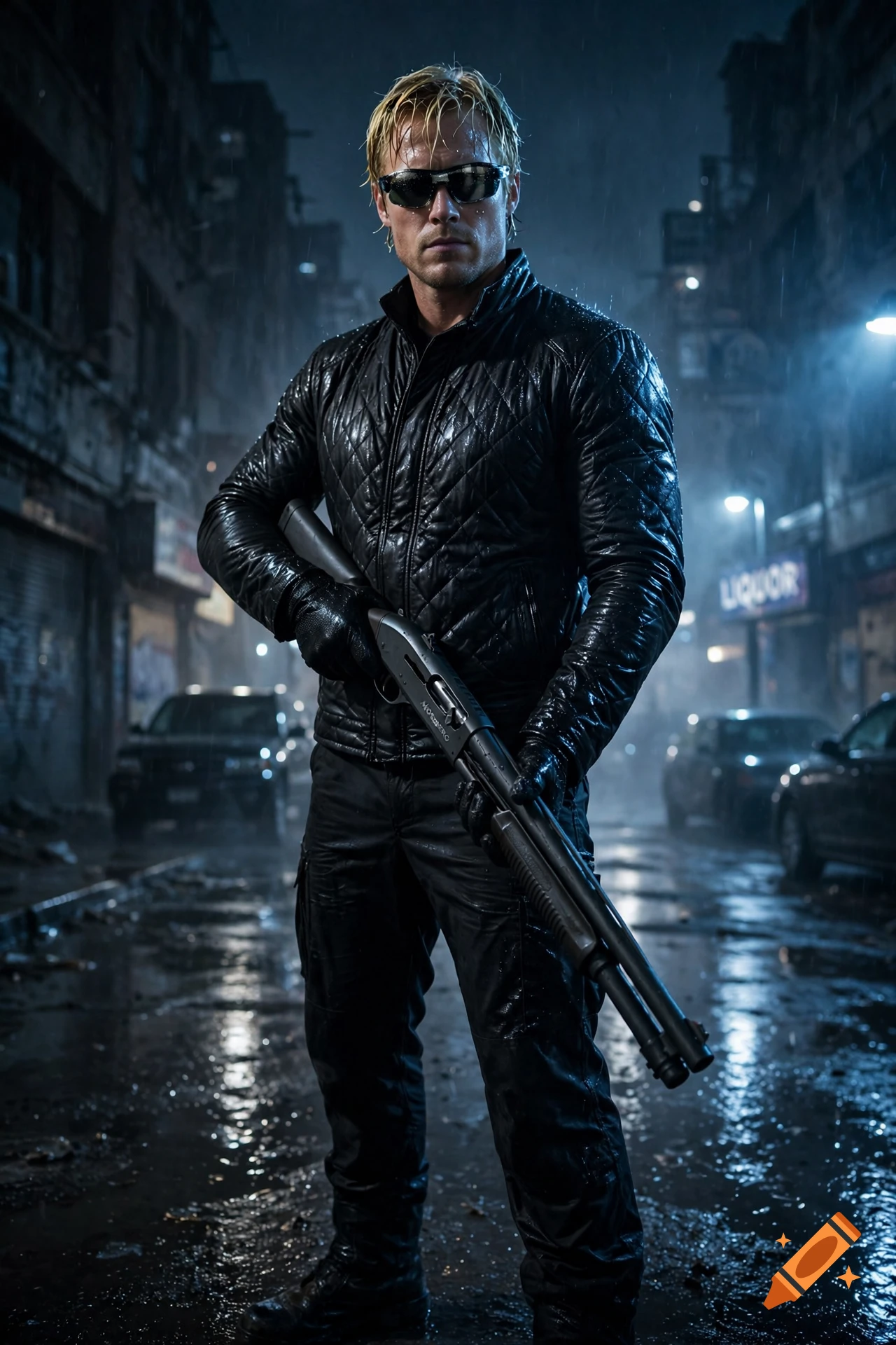 Photorealistic image of a blond male mercenary in a black leather jacket and sunglasses holding a shotgun in a wet urban alleyway.