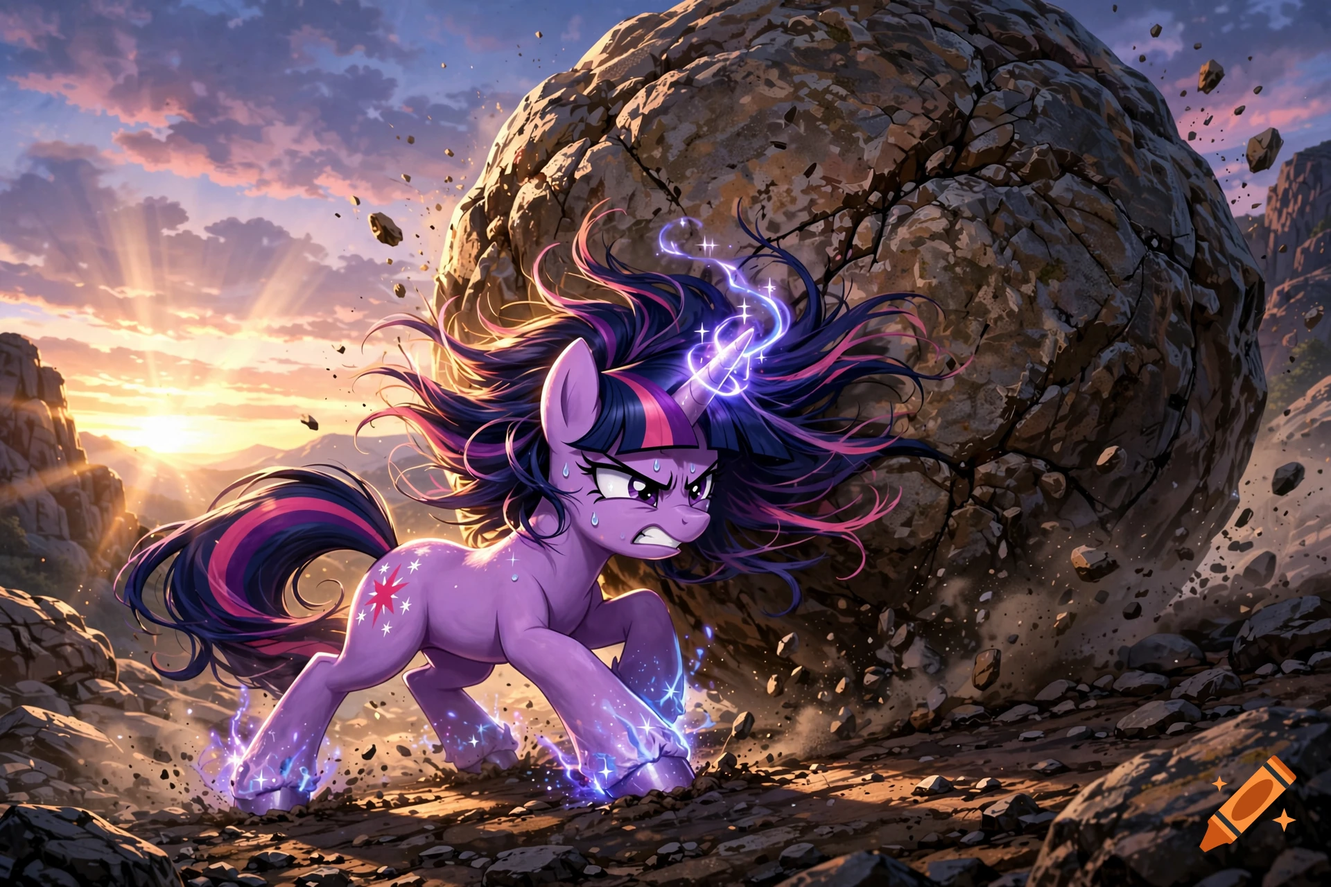 Twilight Sparkle from My Little Pony straining and pushing a massive boulder in a rocky landscape at sunset, digital art style.
