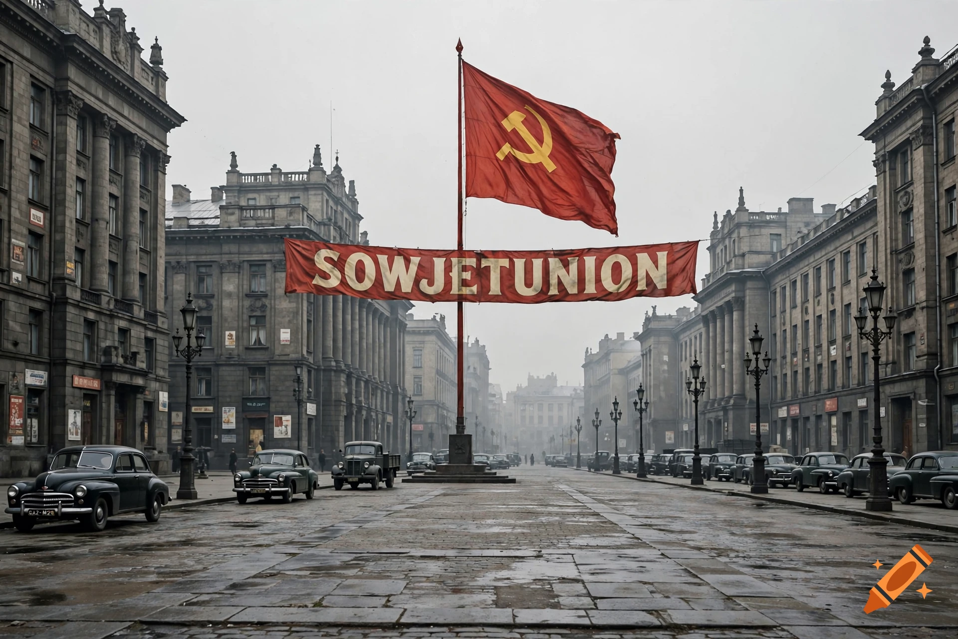 Photorealistic wide street in a European city flanked by historic buildings, with a large Soviet hammer and sickle flag and banner reading SOWJETUNION in the center.