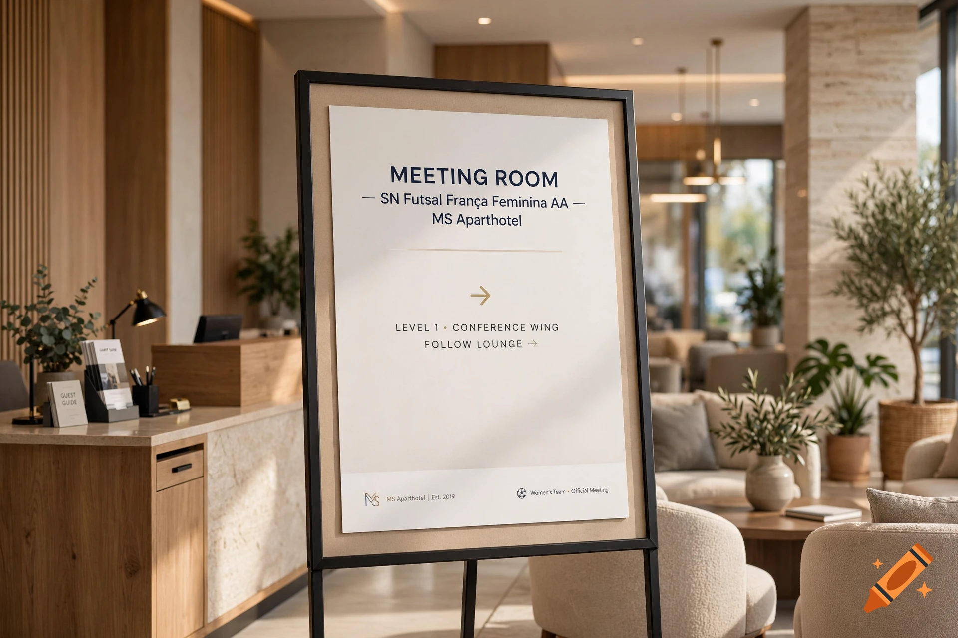 Photorealistic interior view of a modern hotel lobby featuring a sign on an easel that reads MEETING ROOM - SN Futsal França Feminina AA.