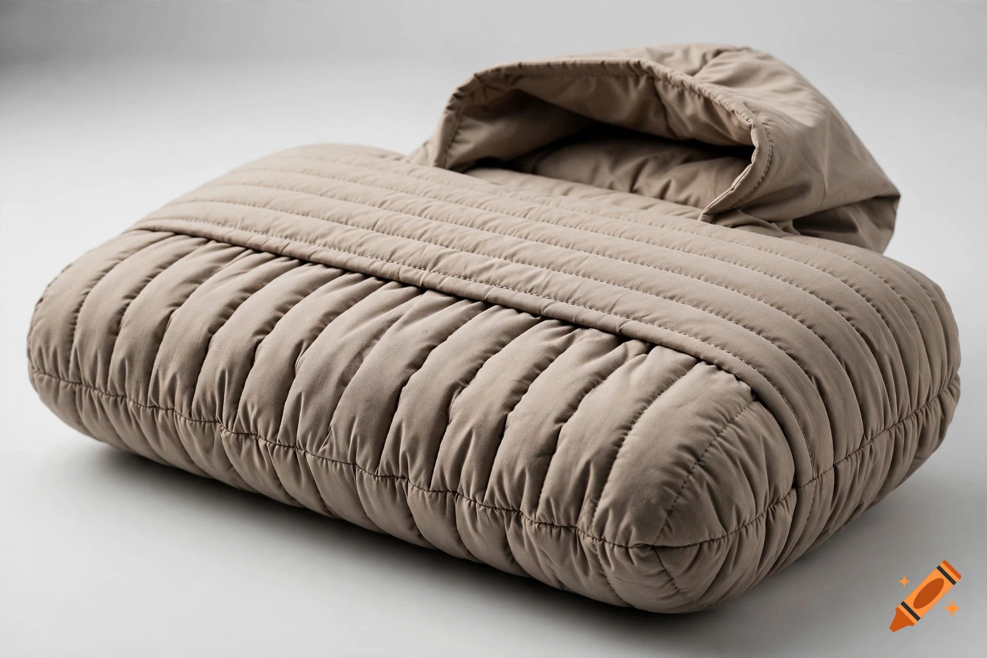Photorealistic product design of a beige quilted travel neck pillow with an integrated hood on a neutral background.