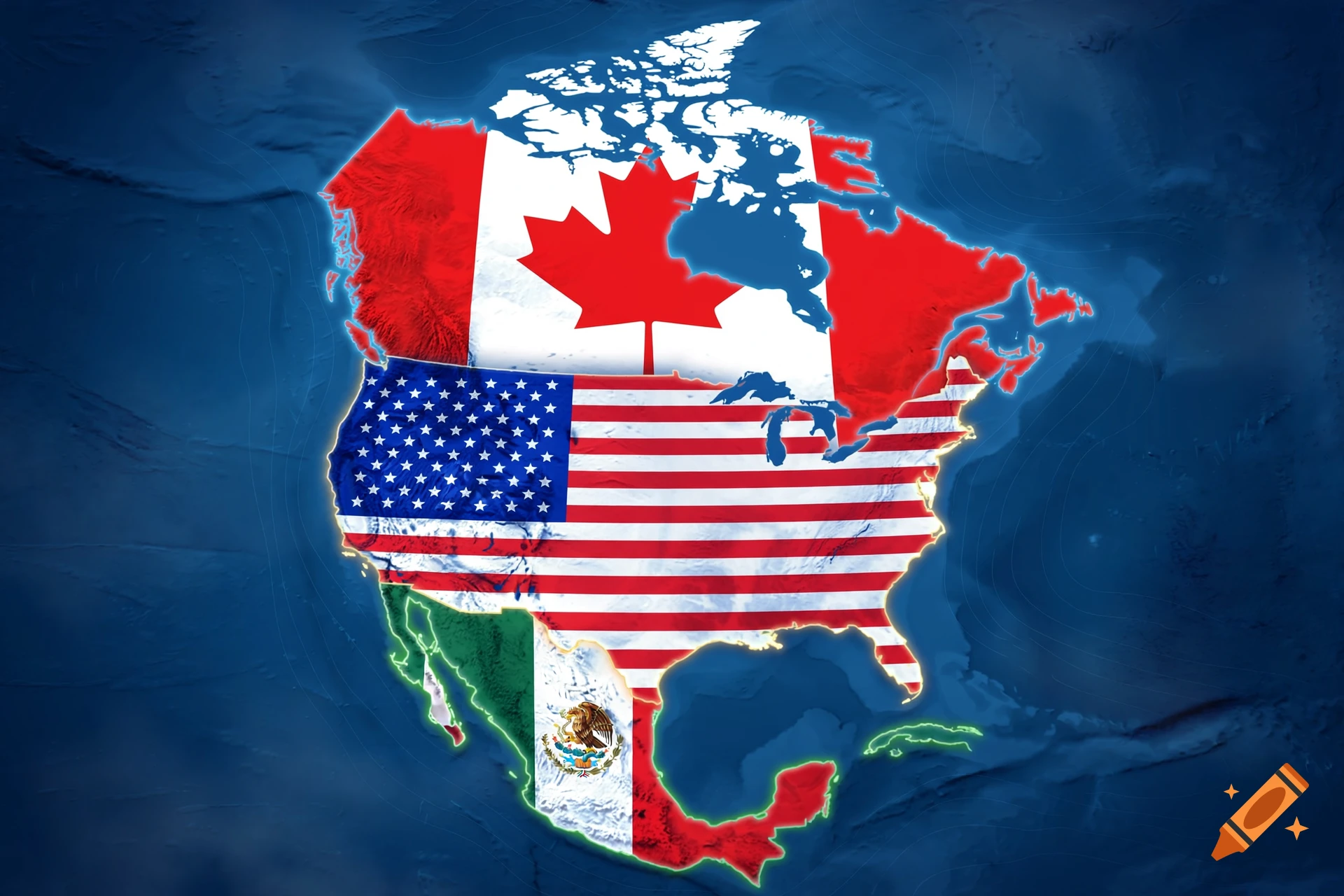 A stylized map of North America overlaid with the flags of Canada, the United States, and Mexico against a dark blue background.
