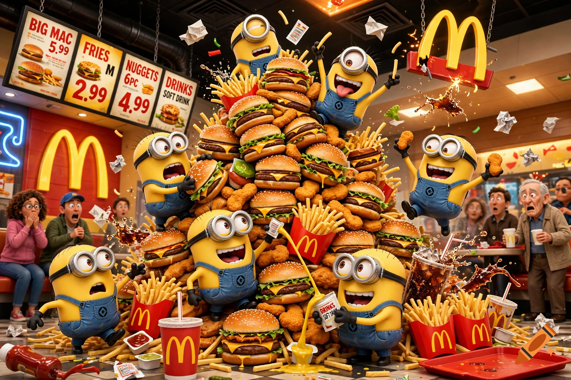 3D animated scene of multiple Minions causing chaos in a McDonald's restaurant with a giant pile of burgers and fries.