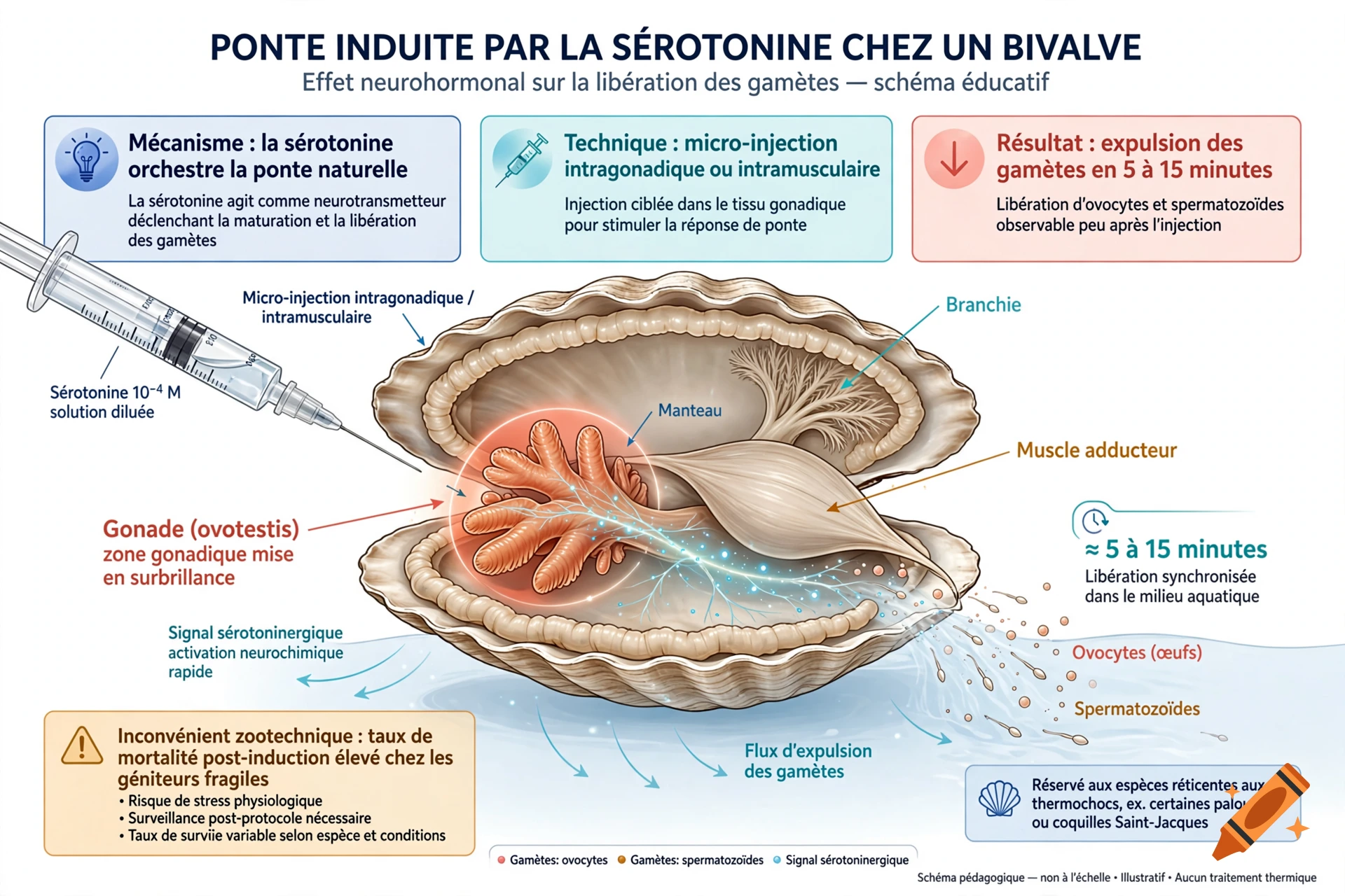 Educational diagram showing serotonin injection in a bivalve mollusk with anatomical labels and step-by-step instructions in French.
