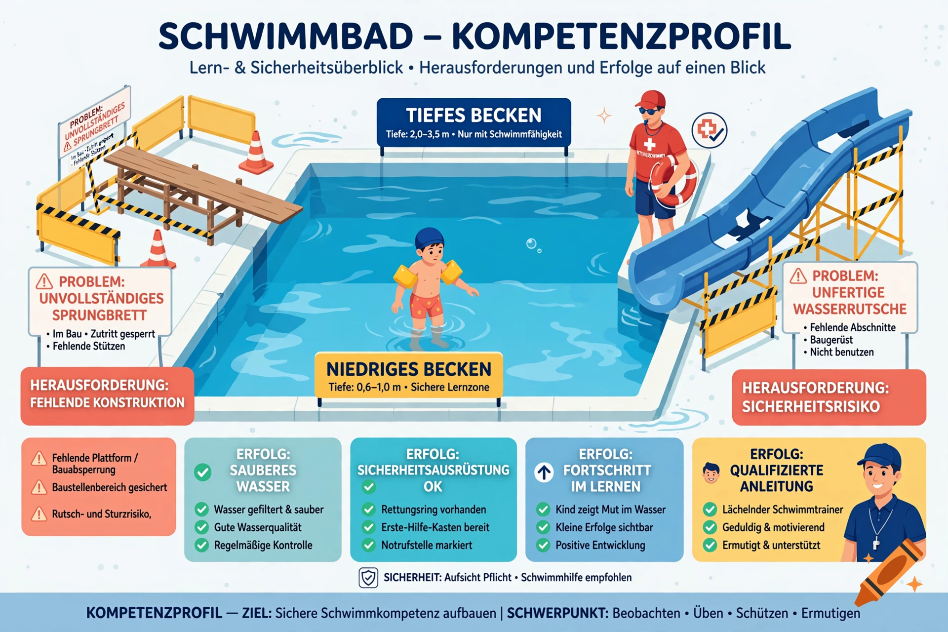 Infographic illustrating a swimming pool competence profile with safety features, problem areas, and German text.