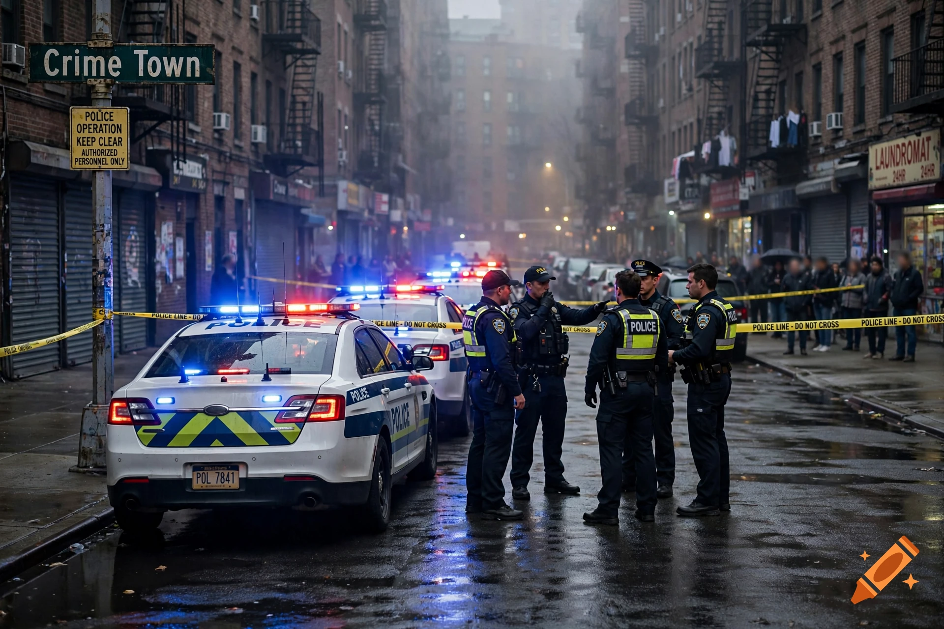 Police officers gathered at a cordoned-off city street with police cars and blinking emergency lights.
