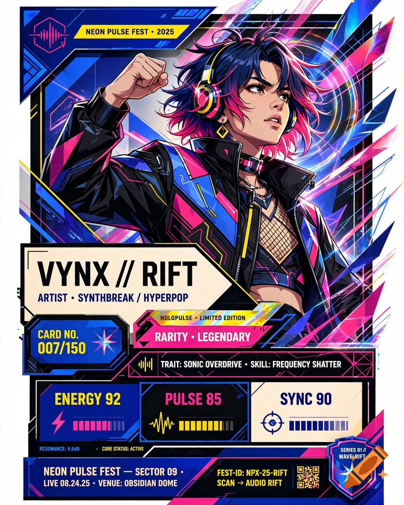 Digital illustration of a cyberpunk trading card featuring a stylized anime character with blue and pink hair, holding a fist up, surrounded by neon graphics.