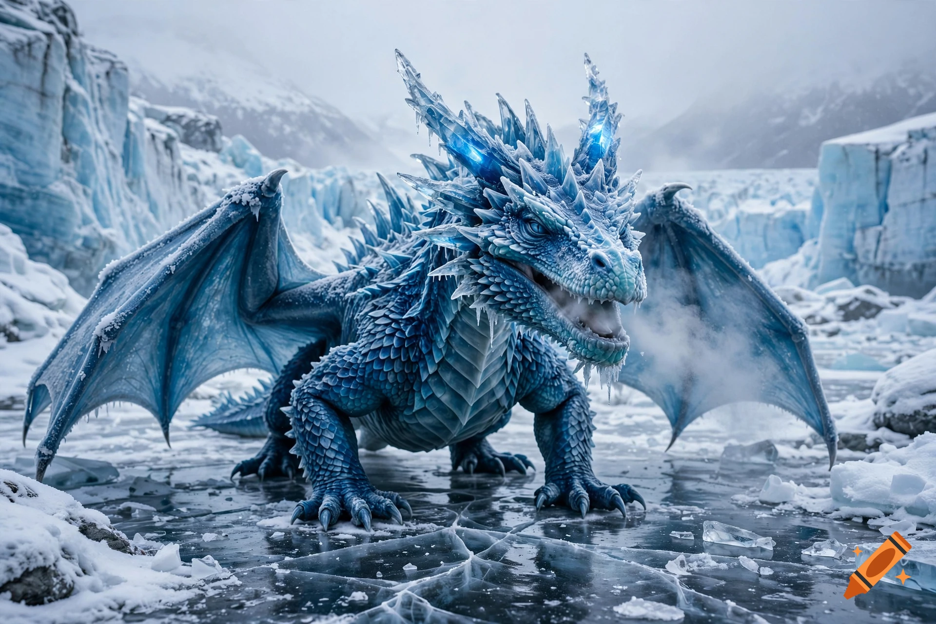 A majestic blue ice dragon standing on a frozen landscape with snowy mountains in the background, exhaling mist.