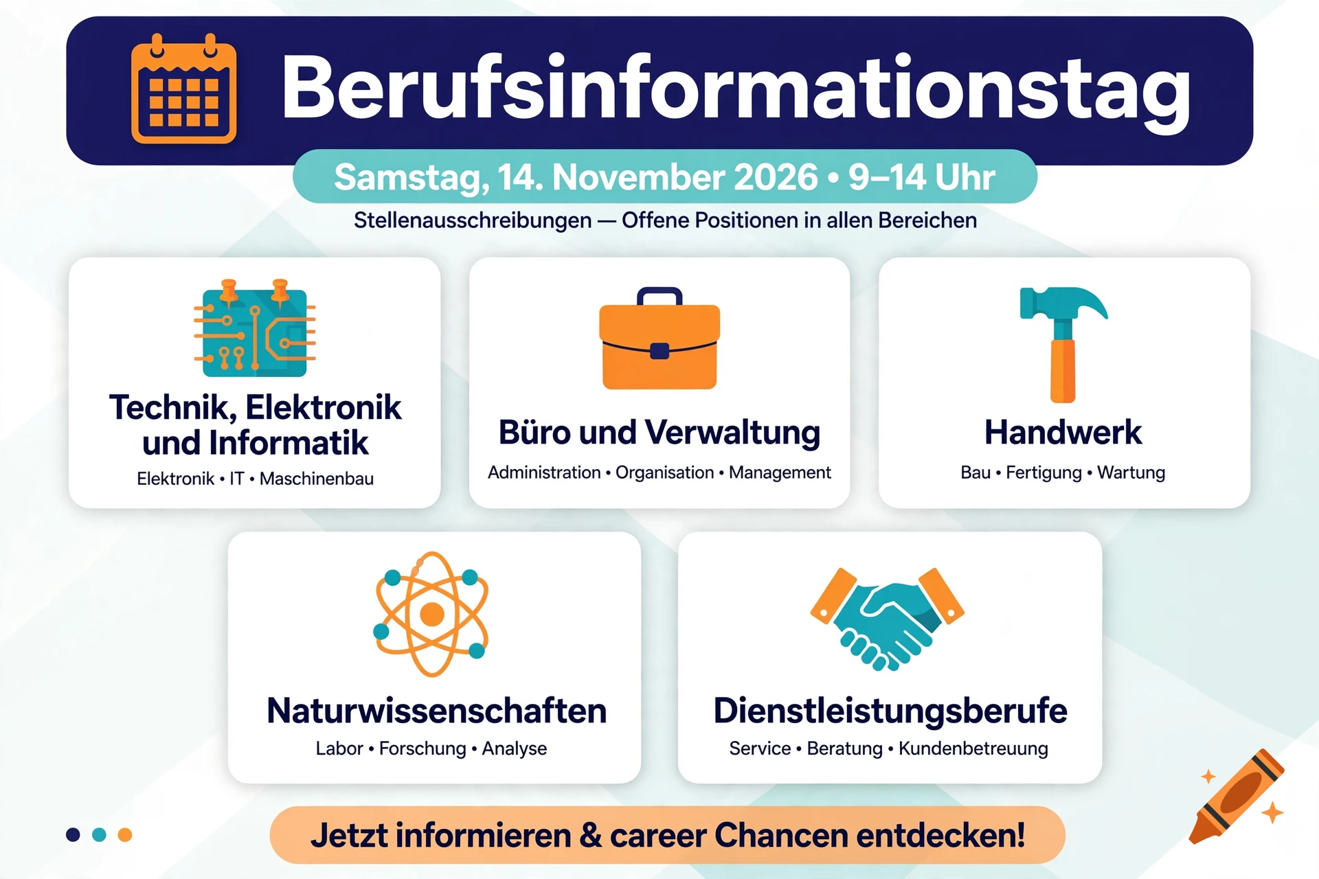 Flyer for a career information day with sections for various industries, featuring clean vector icons and German text.