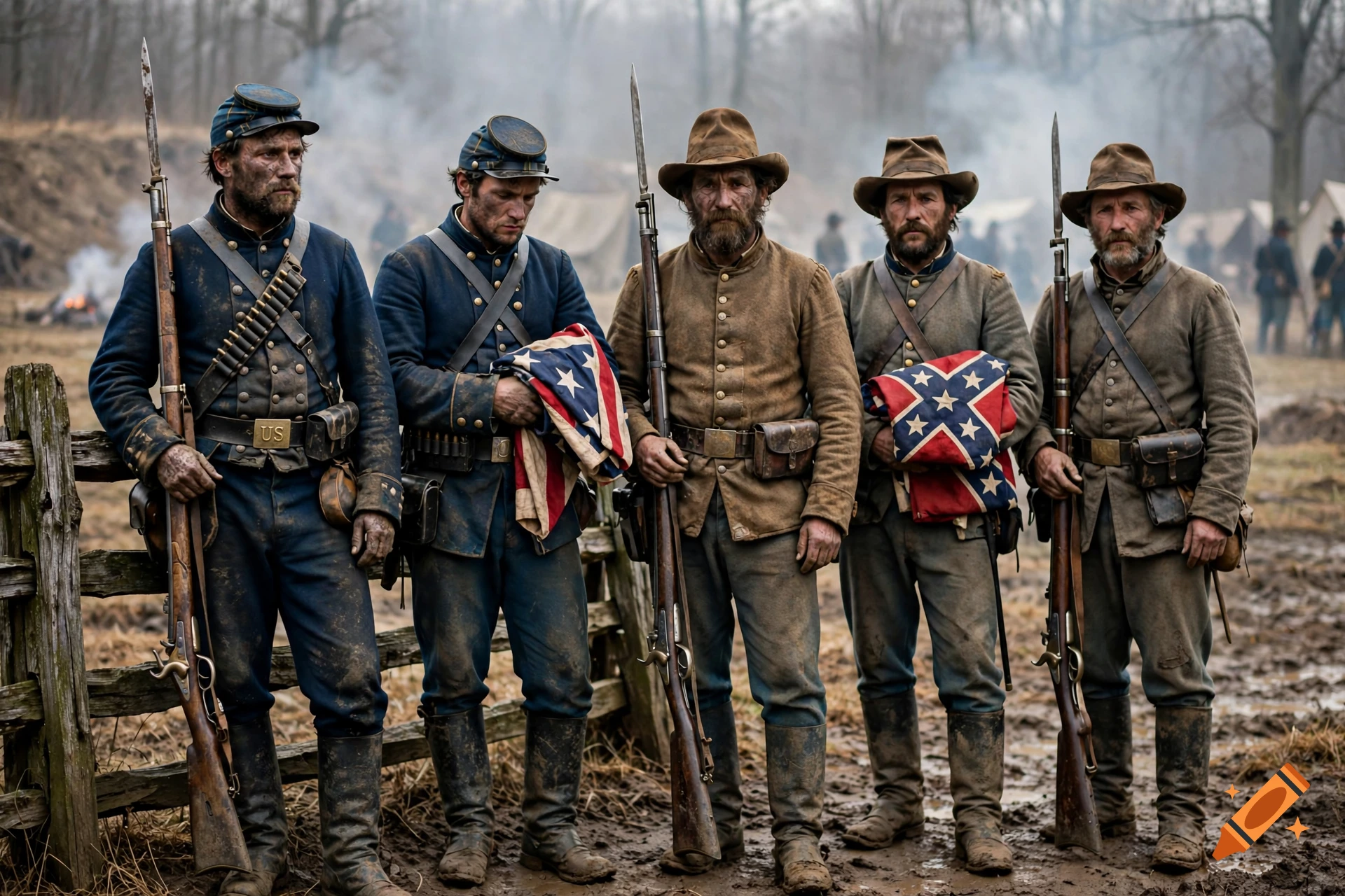 Photorealistic image of five Civil War soldiers standing together in a muddy camp holding rifles and flags.