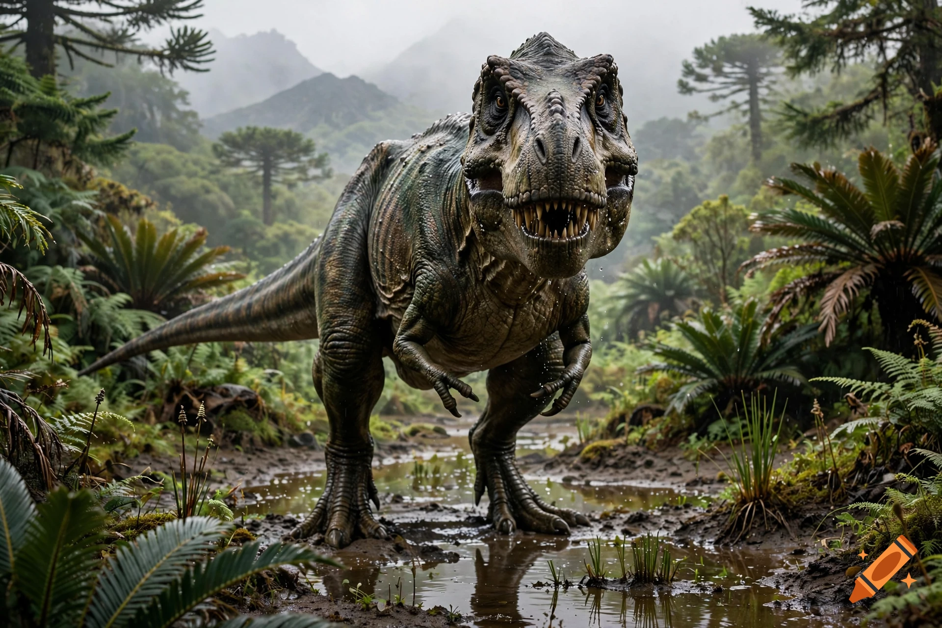 Photorealistic Tyrannosaurus rex standing in a misty, prehistoric jungle with muddy ground and lush vegetation.