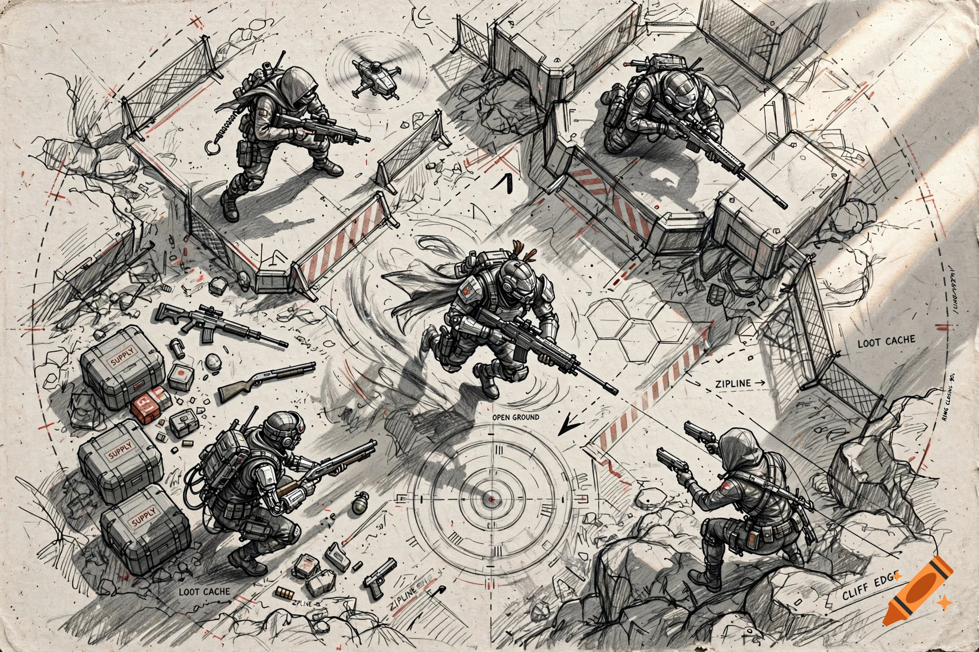 Top-down sketch-style concept art of a tactical battlefield with soldiers, loot caches, and deployment markings.