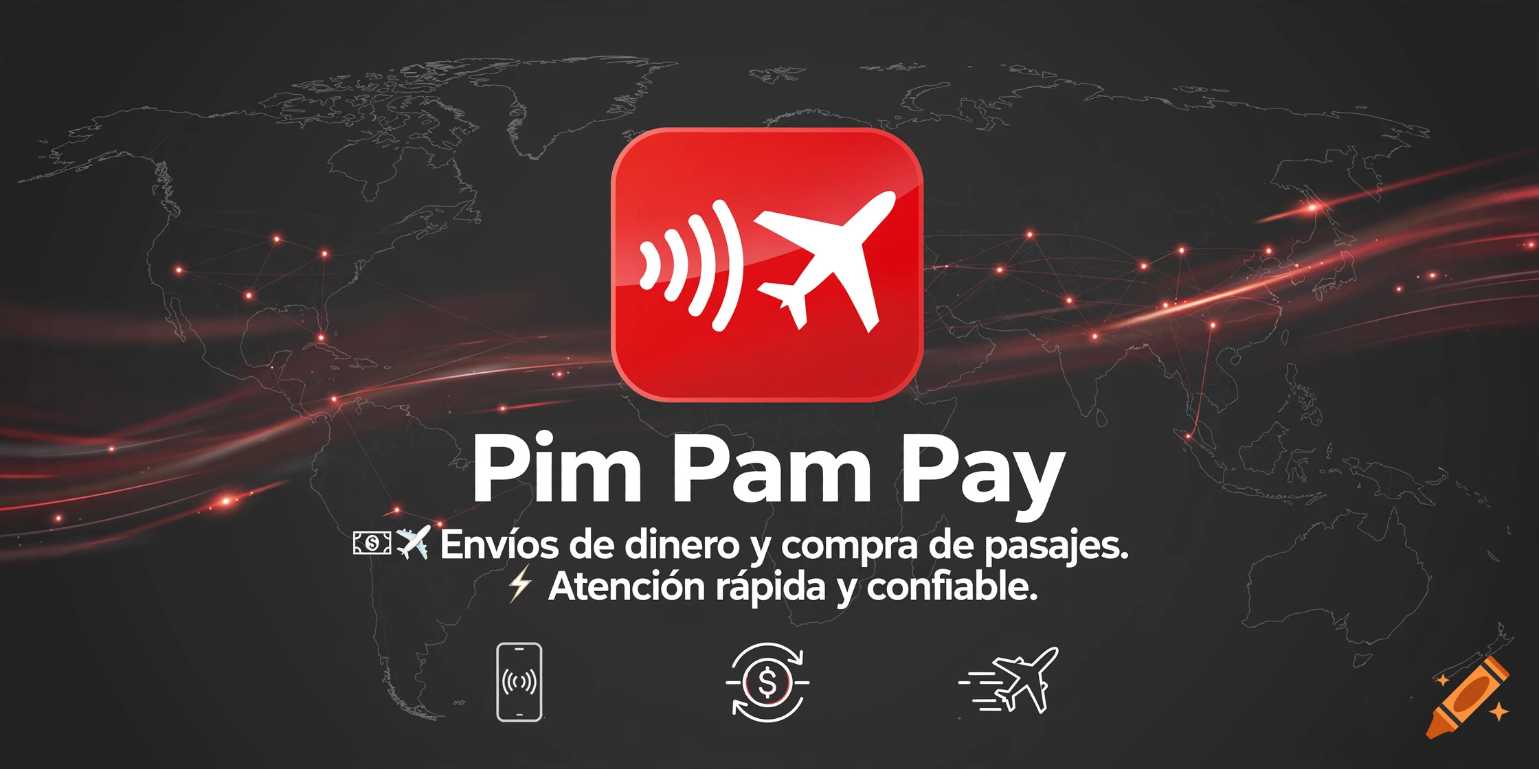 Pim Pam Pay logo with a red app icon, airplane symbol, world map background, and money transfer text.