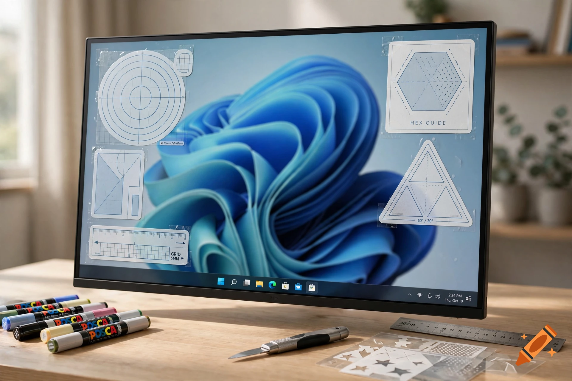 Photorealistic computer monitor showing a blue Windows 11 wallpaper with overlaid design templates, with markers and a utility knife on a wooden desk.