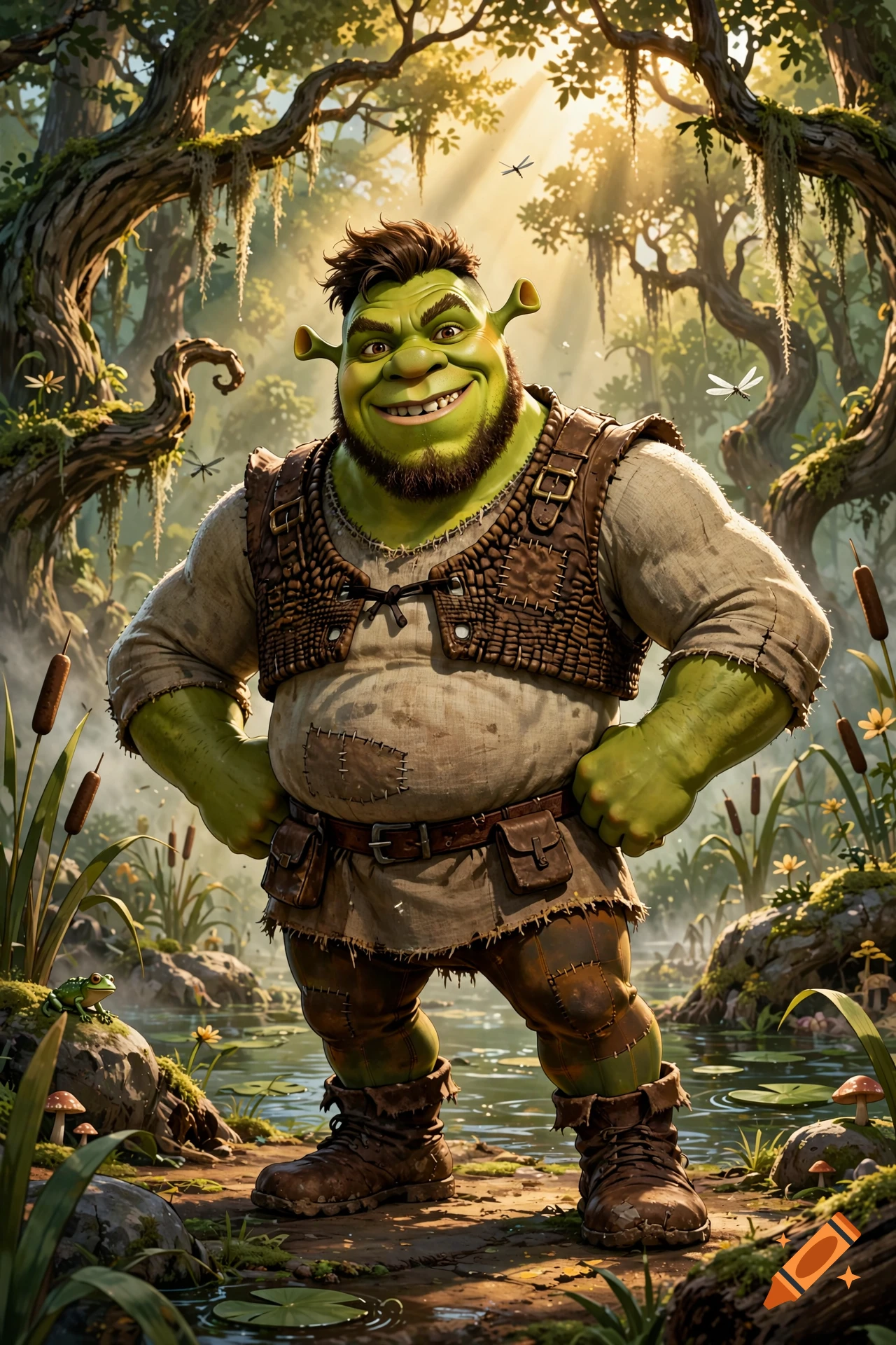 A 3D animated style portrayal of Shrek standing in a sunlit swamp with lush trees, cattails, and lily pads.