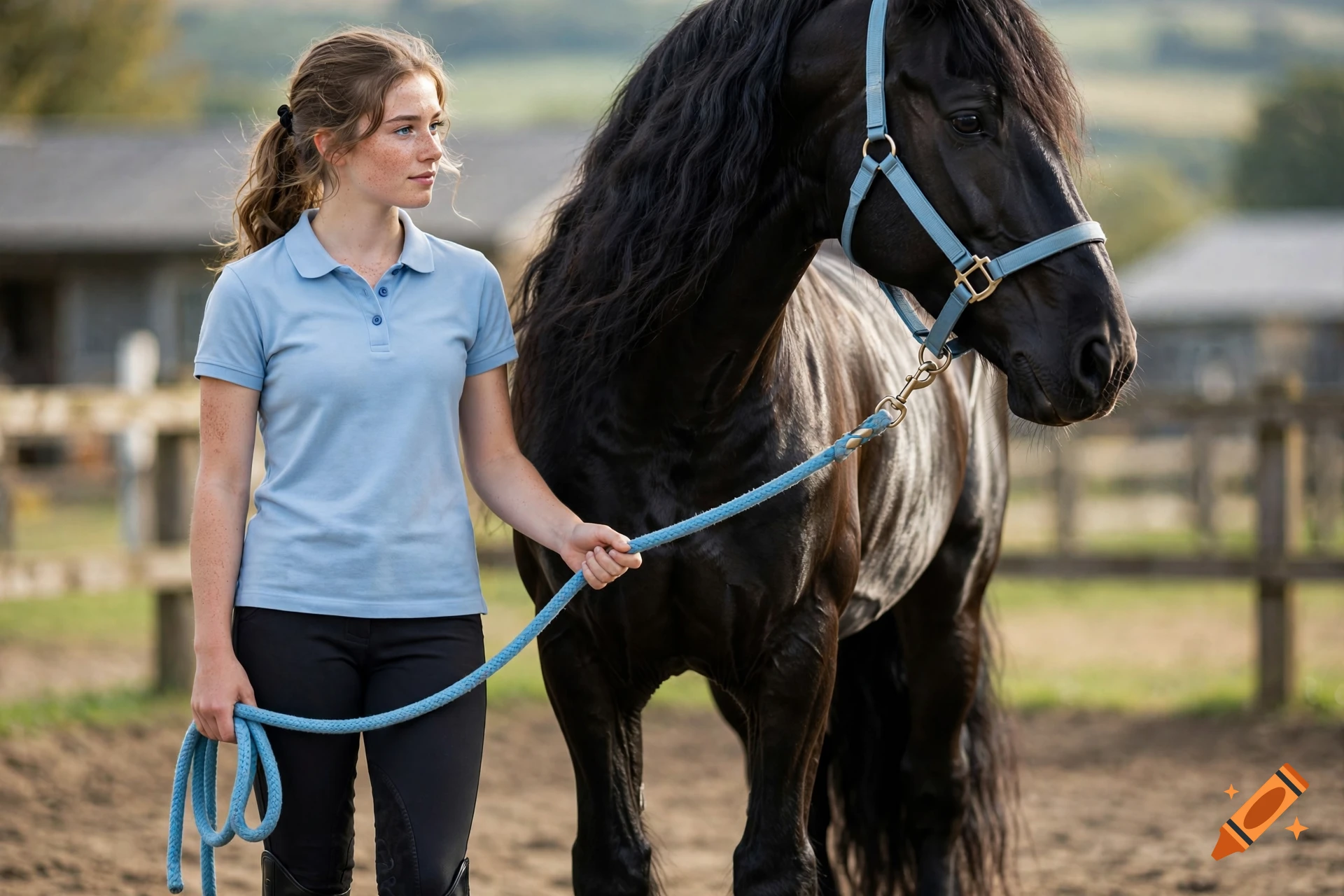 Photorealistic image of a young woman standing outdoors next to a large black Friesian horse, holding a blue lead rope.