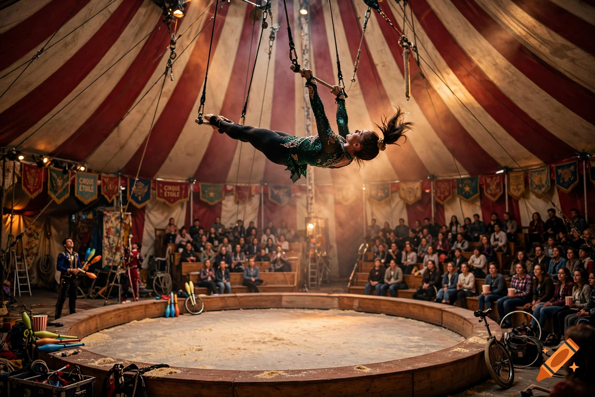 Photorealistic image of a female acrobat performing a trapeze act inside a large circus tent with an audience watching.