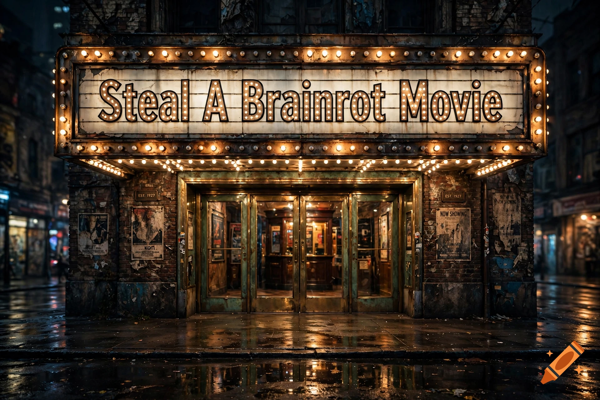 A photorealistic old theater marquee with lights reading 'Steal A Brainrot Movie' above a glowing entrance on a wet rainy street.