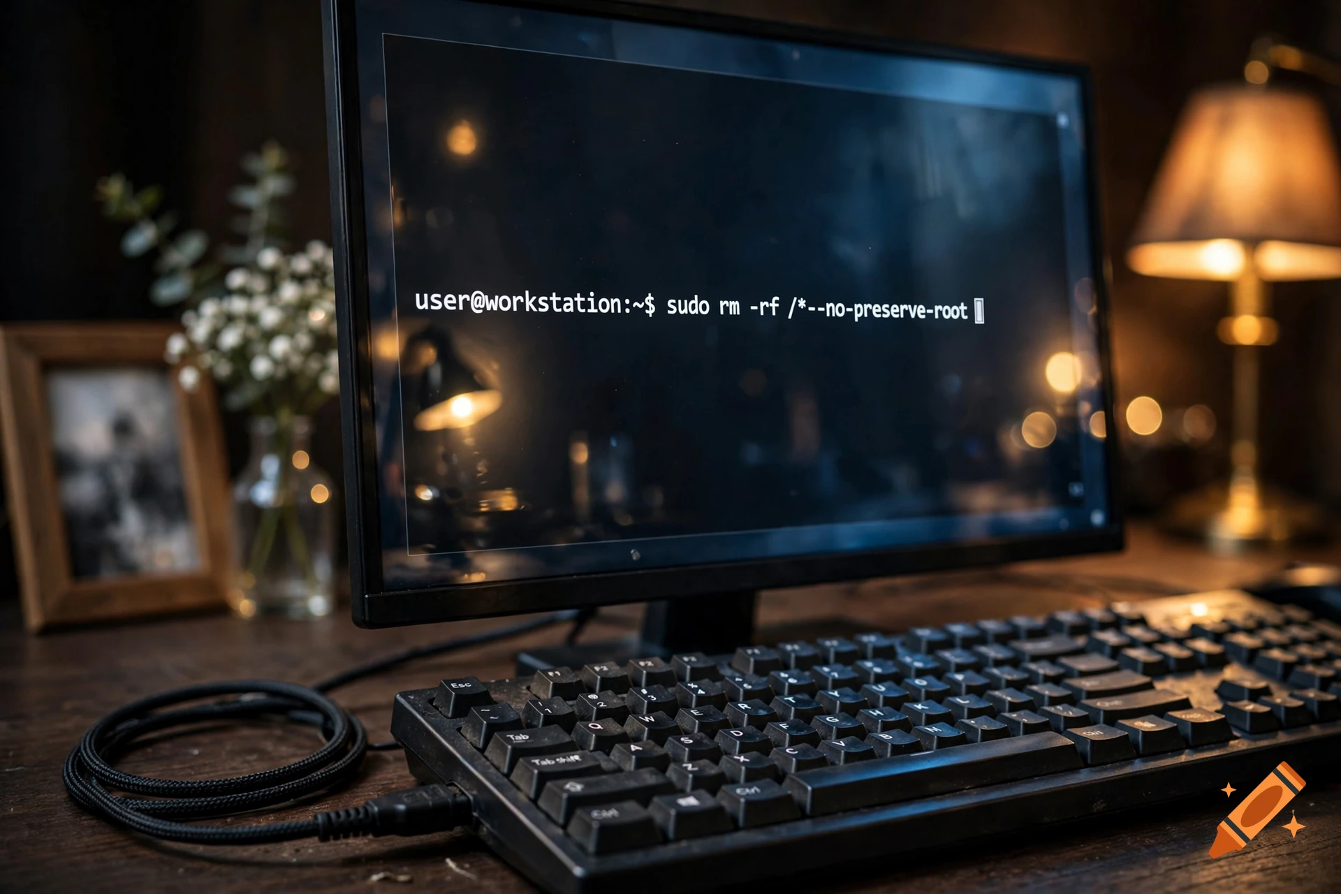 Close-up of a computer monitor showing a terminal with a command line and a keyboard on a wooden desk.