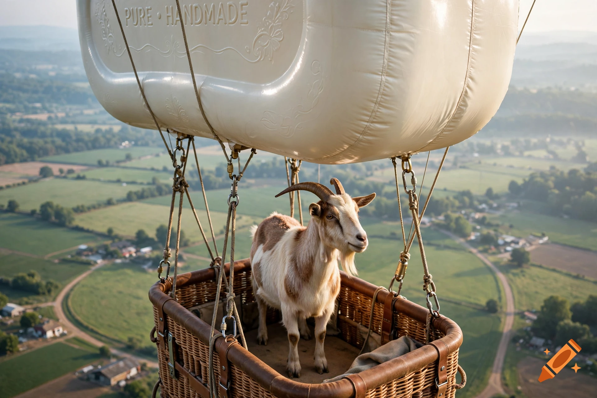 A goat standing inside the basket of a hot air balloon flying over a countryside landscape.