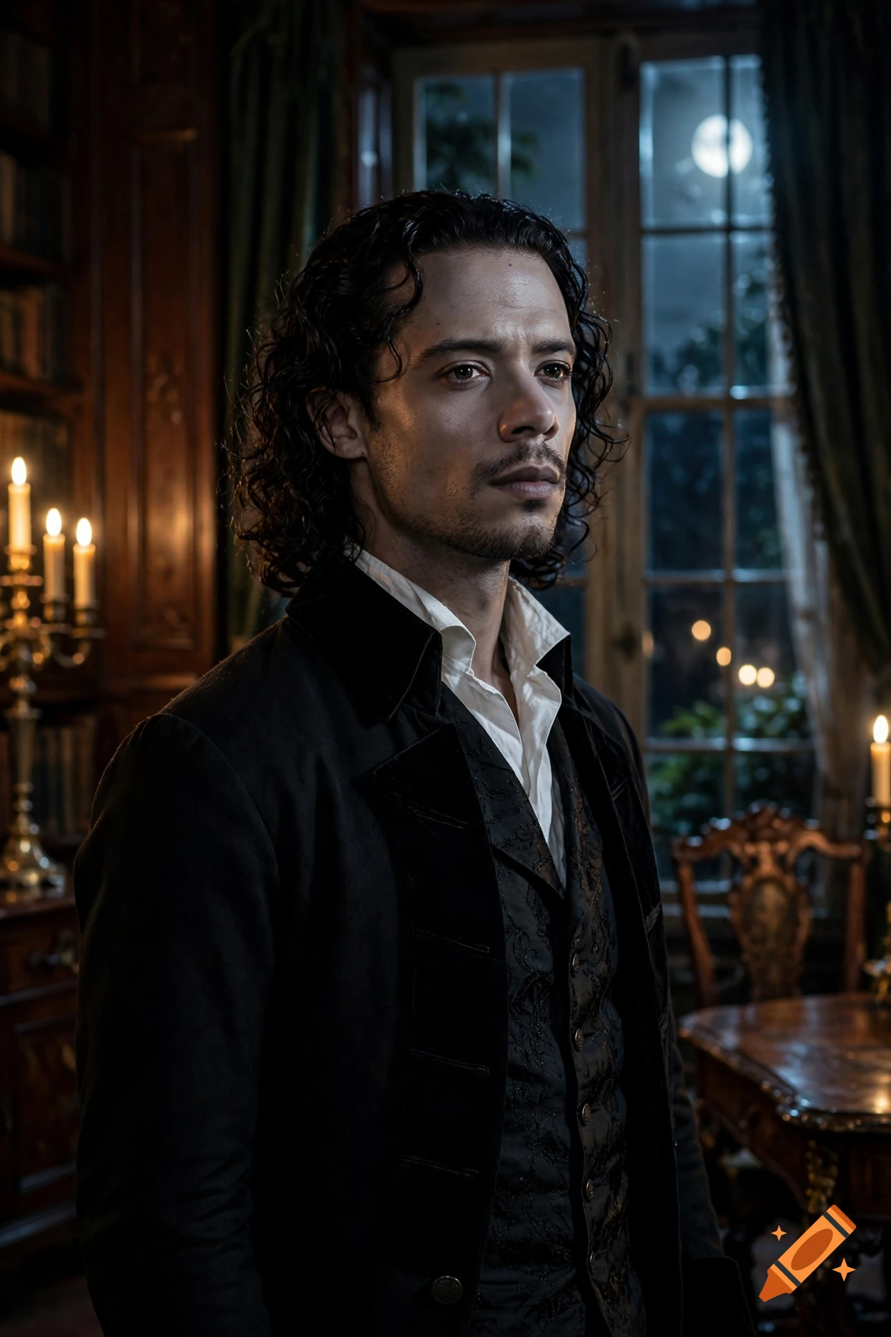 Photorealistic portrait of a young man with dark curly hair in a historical dark room with candlelight.