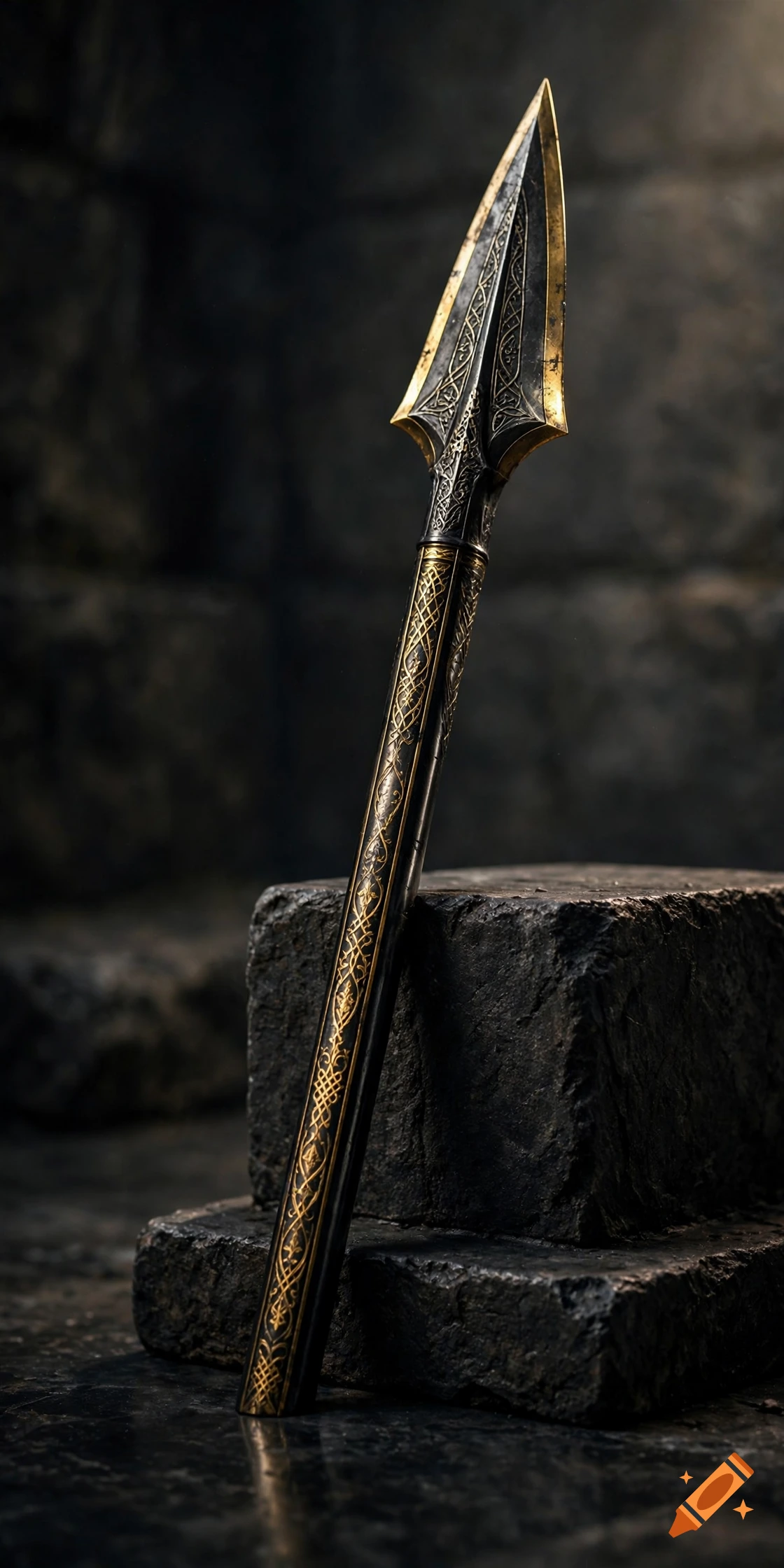 Photorealistic close-up of a black and gold ornamented spear leaning against a dark stone block.