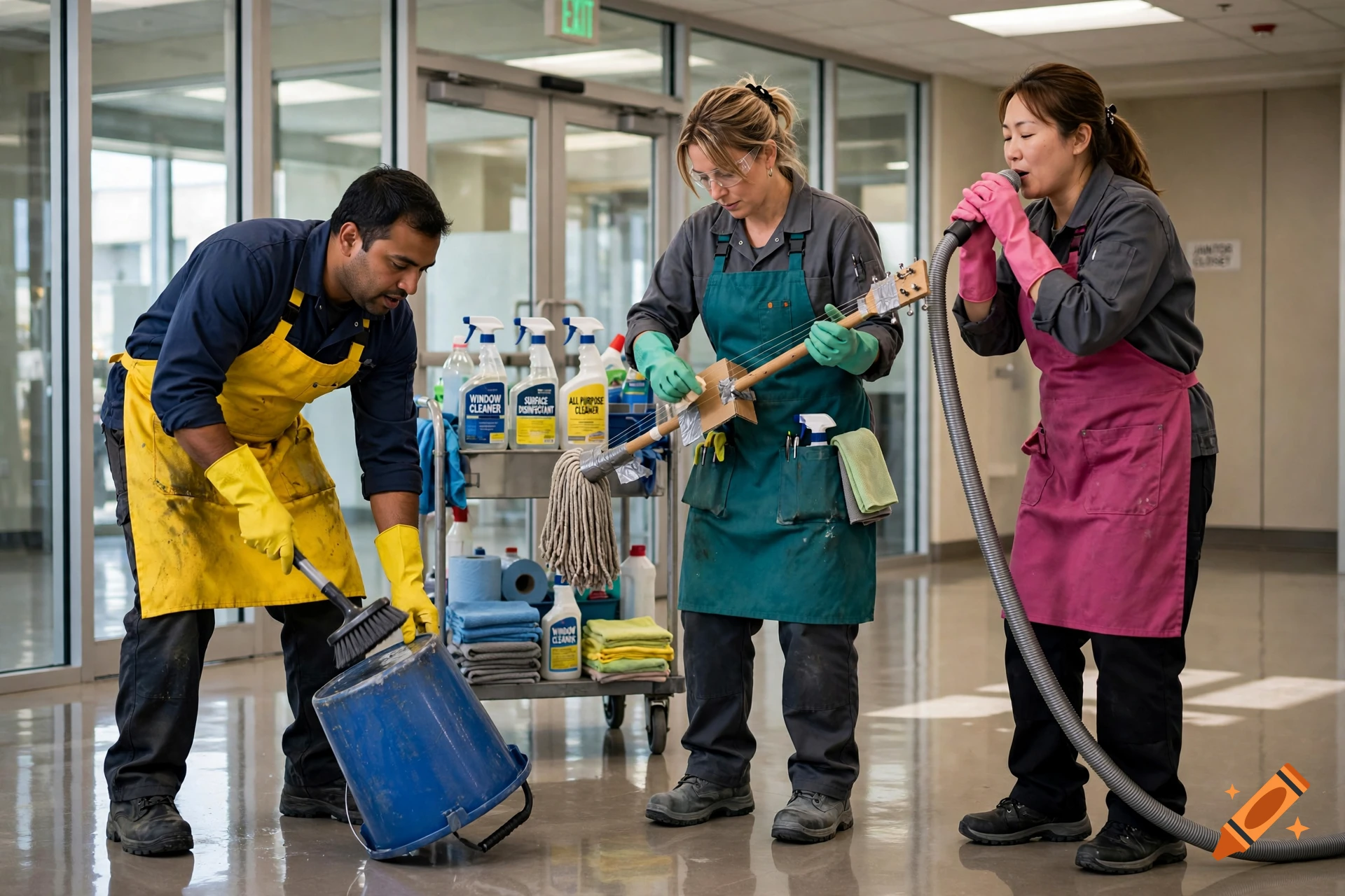 Three cleaners pretending to be a one-man band using a mop guitar, vacuum microphone, and bucket drum in a hallway.