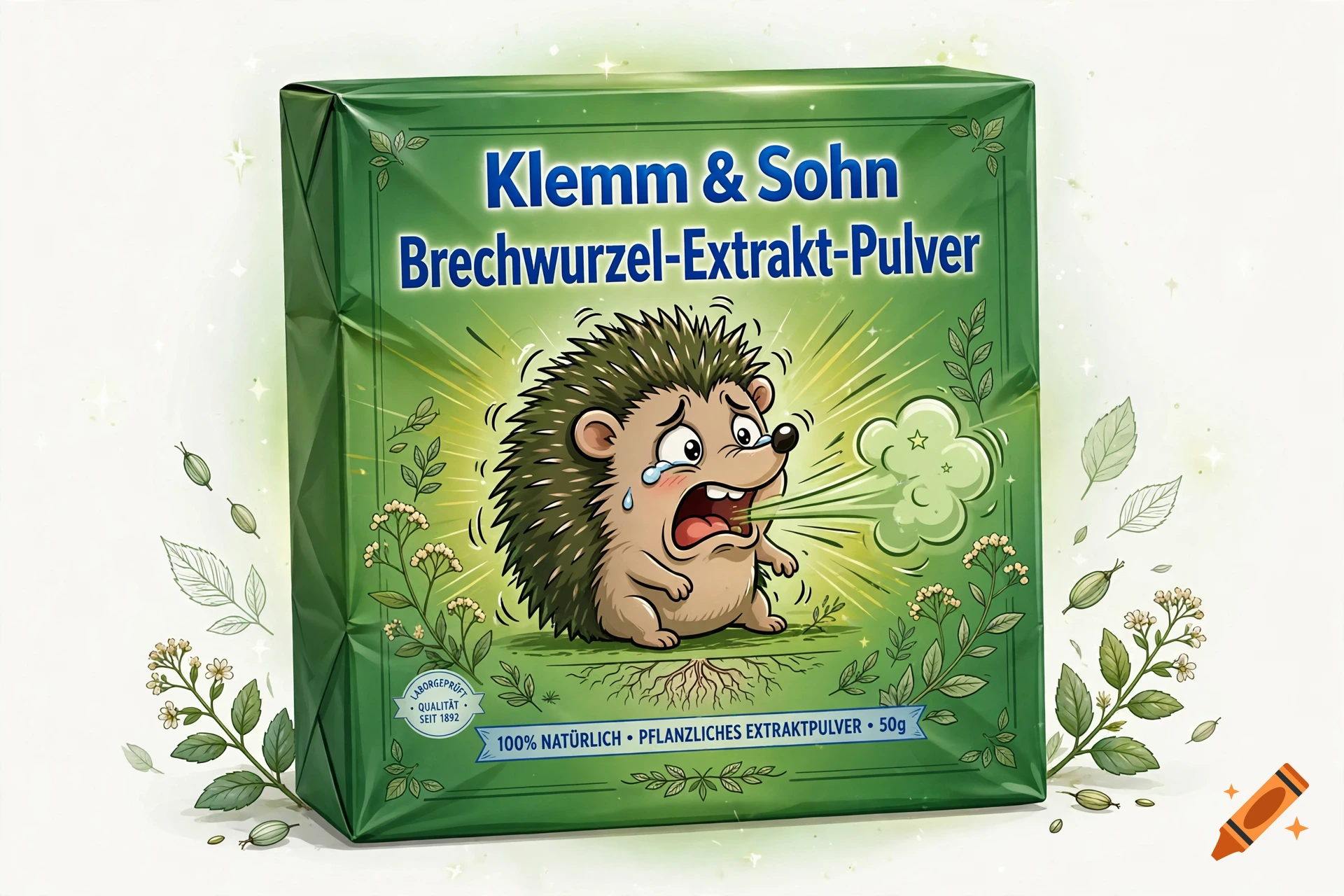Green paper packaging for Brechwurzel-Extrakt-Pulver featuring a crying hedgehog illustration.