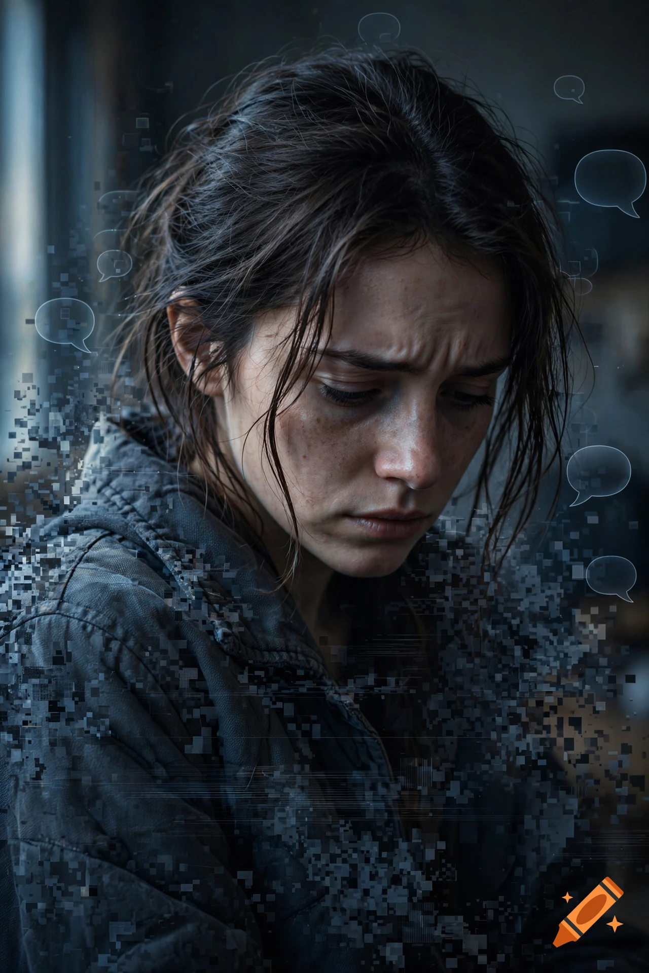 Close-up photorealistic portrait of a distressed young woman with dark hair, surrounded by digital static and abstract speech bubbles.