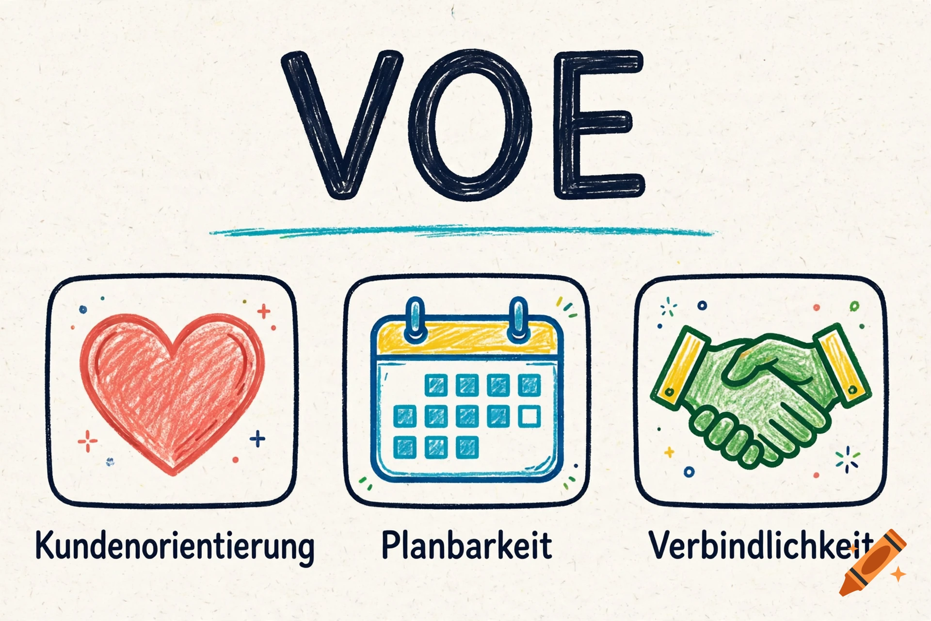 Hand-drawn infographic titled VOE with three icons for customer orientation, planning, and reliability in a comic style.
