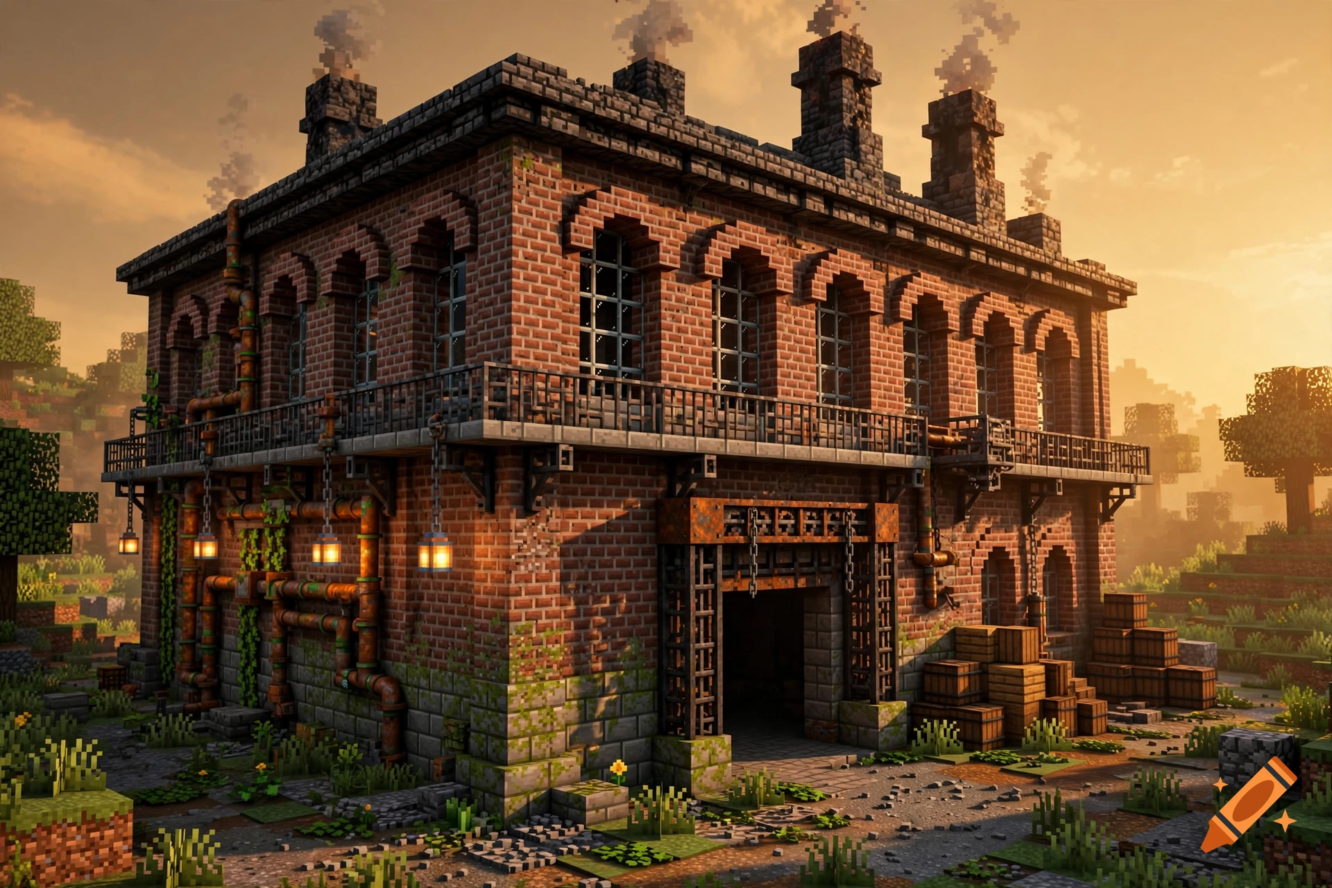 An old industrial brick building designed in a Minecraft aesthetic, featuring iron balconies, pipes, and chimneys during sunset.