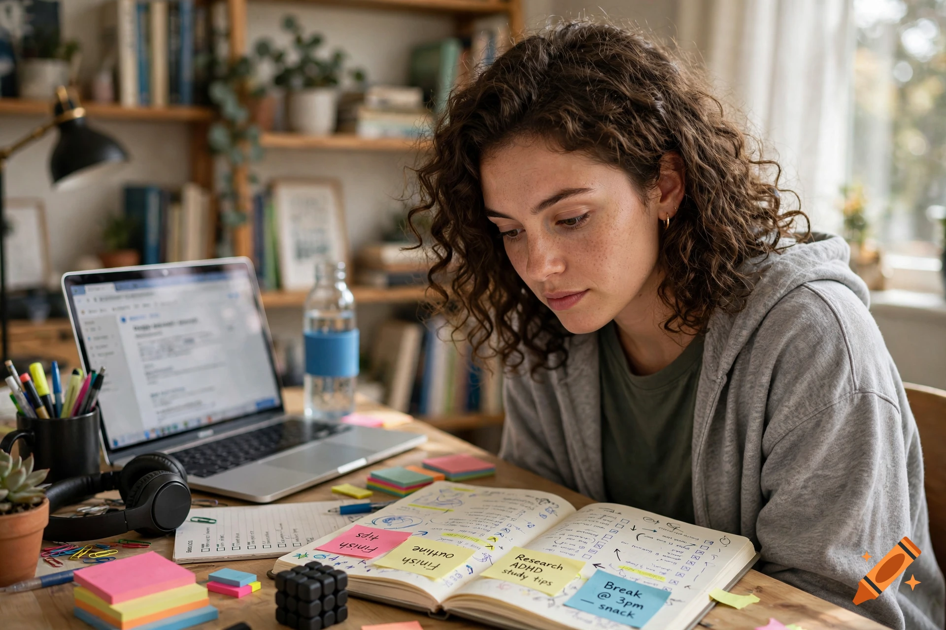 A young woman with curly hair looking down at a notebook covered in handwritten notes and sticky notes at a desk.