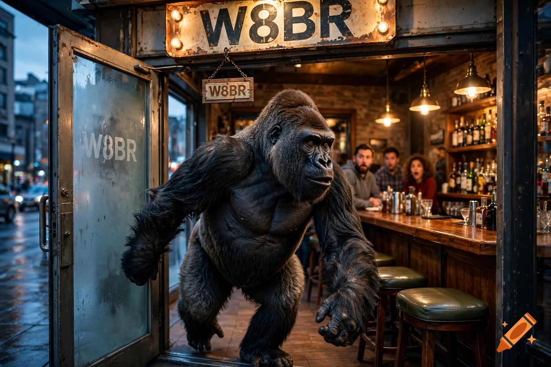 A photorealistic gorilla walking through the open door of a brightly lit bar, startling patrons sitting at the counter.