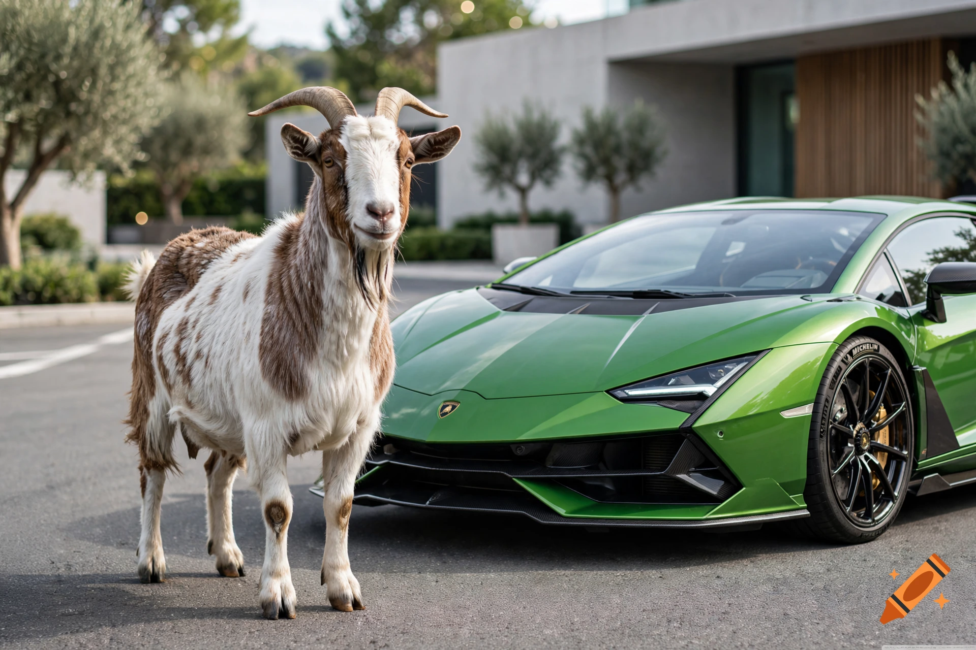 A photorealistic goat standing proudly next to a sleek green Lamborghini sports car parked outside a modern building.