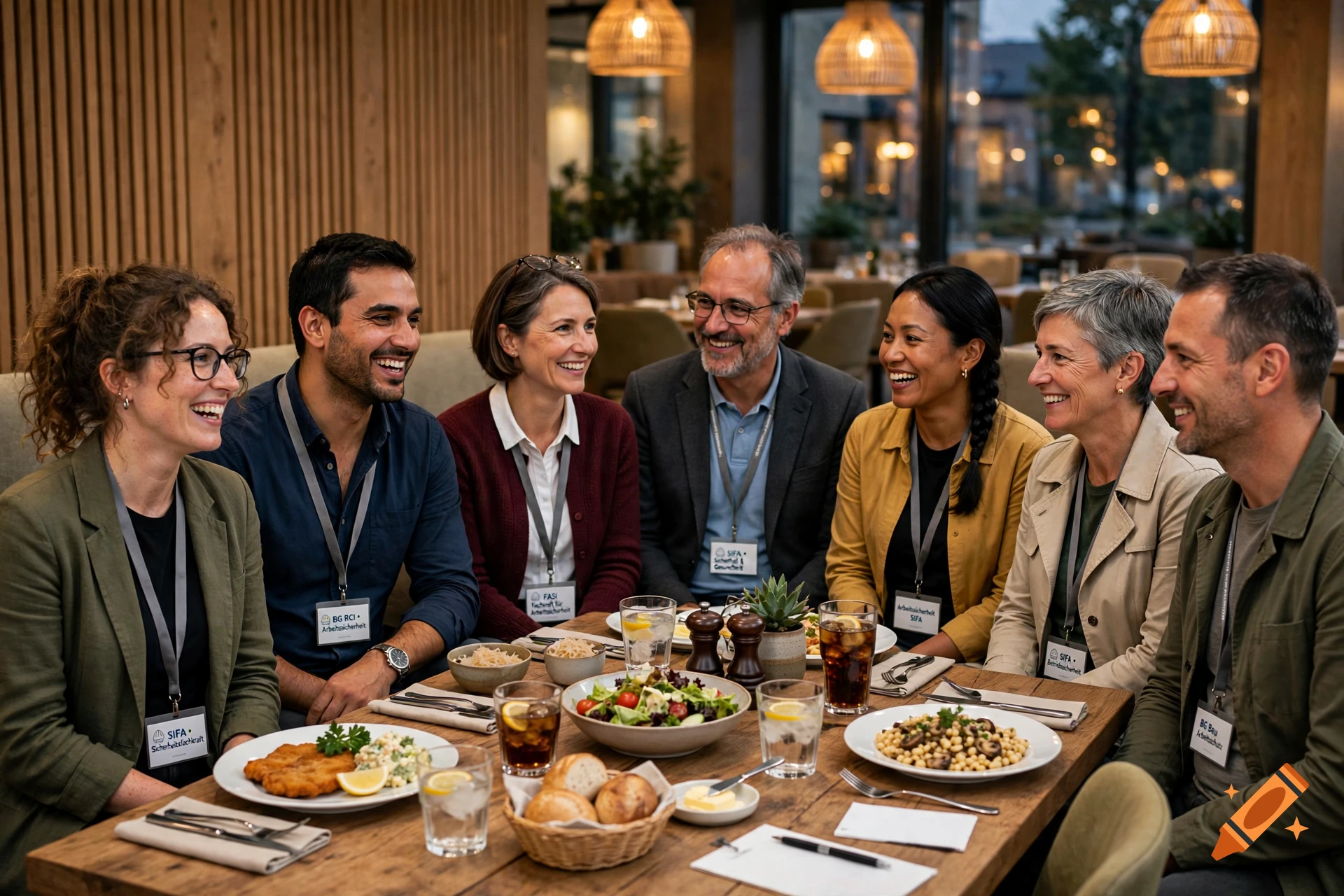 Photorealistic group of diverse colleagues laughing and eating together at a wooden table in a restaurant.