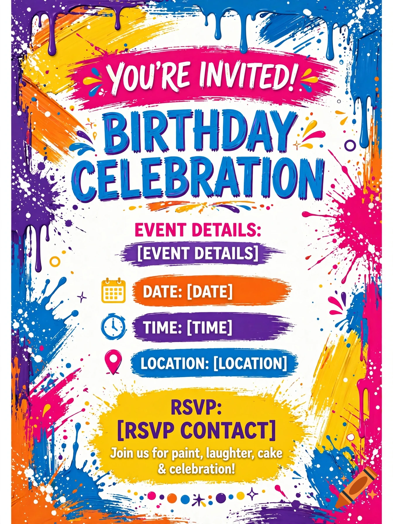 Colorful birthday celebration invitation template decorated with vibrant paint splatters and brush strokes.