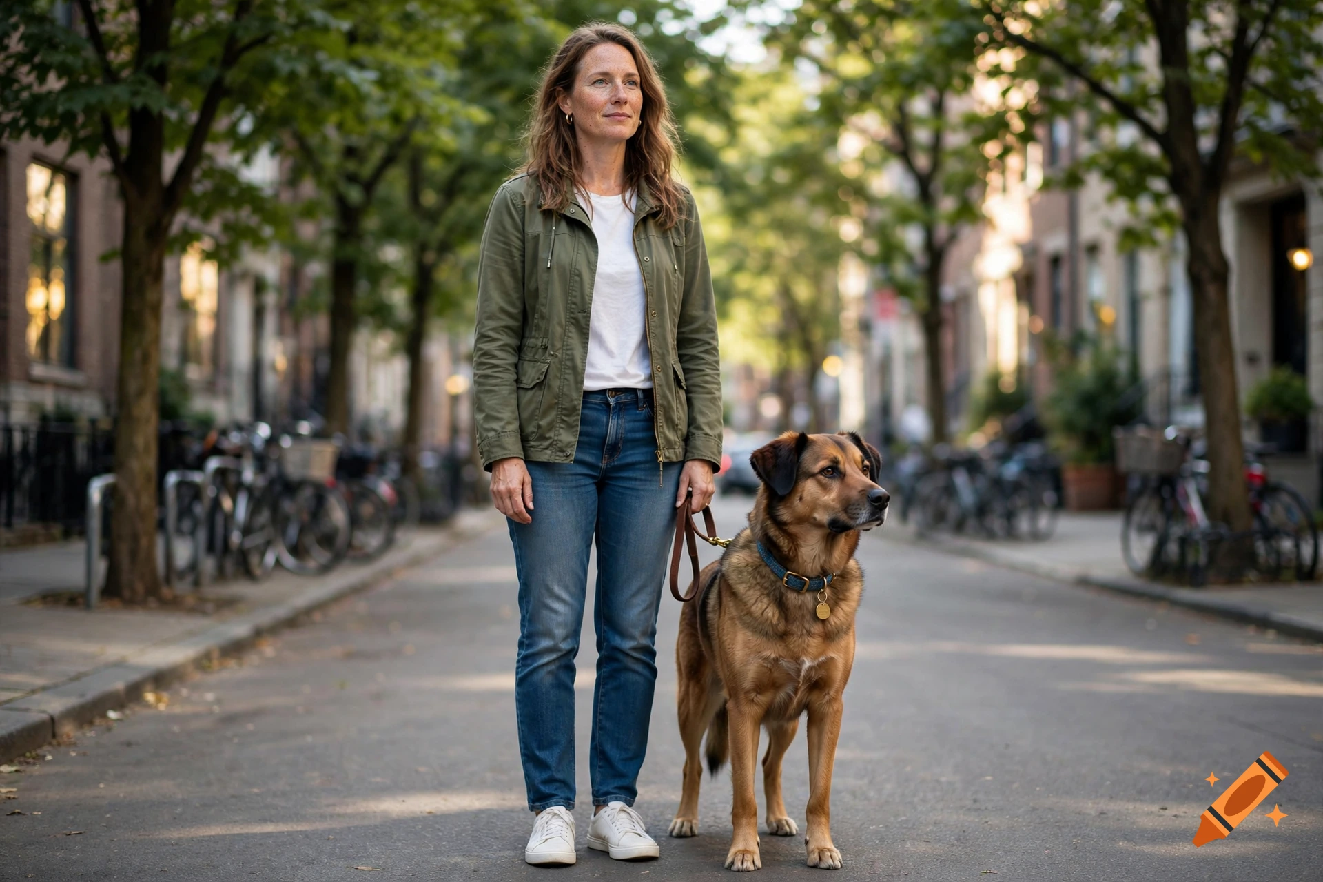 Photorealistic image of a woman with long brown hair standing on a tree-lined street next to a brown mixed-breed dog on a leash.