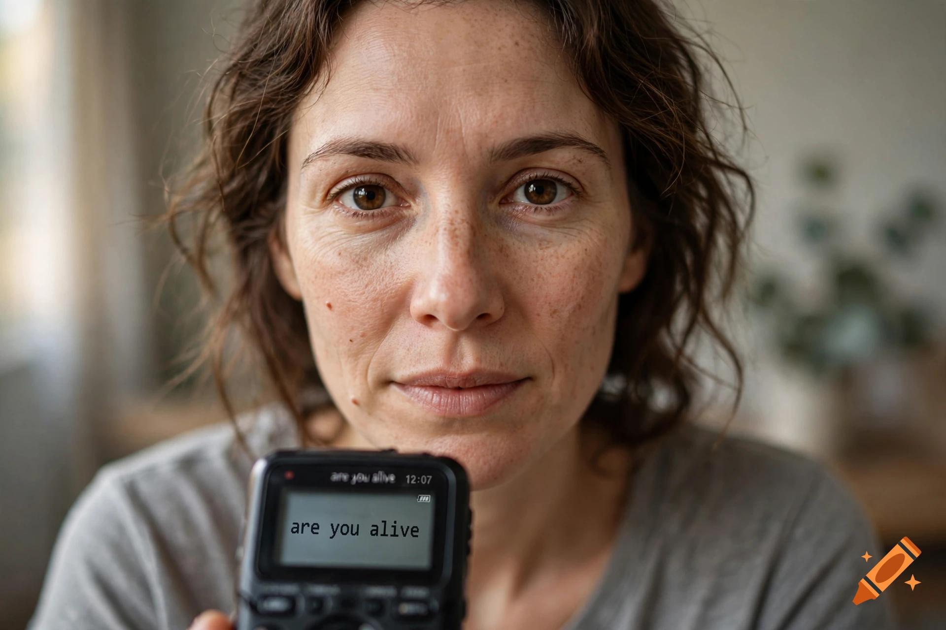 Close-up photorealistic portrait of a woman holding a small electronic device displaying the text are you alive.
