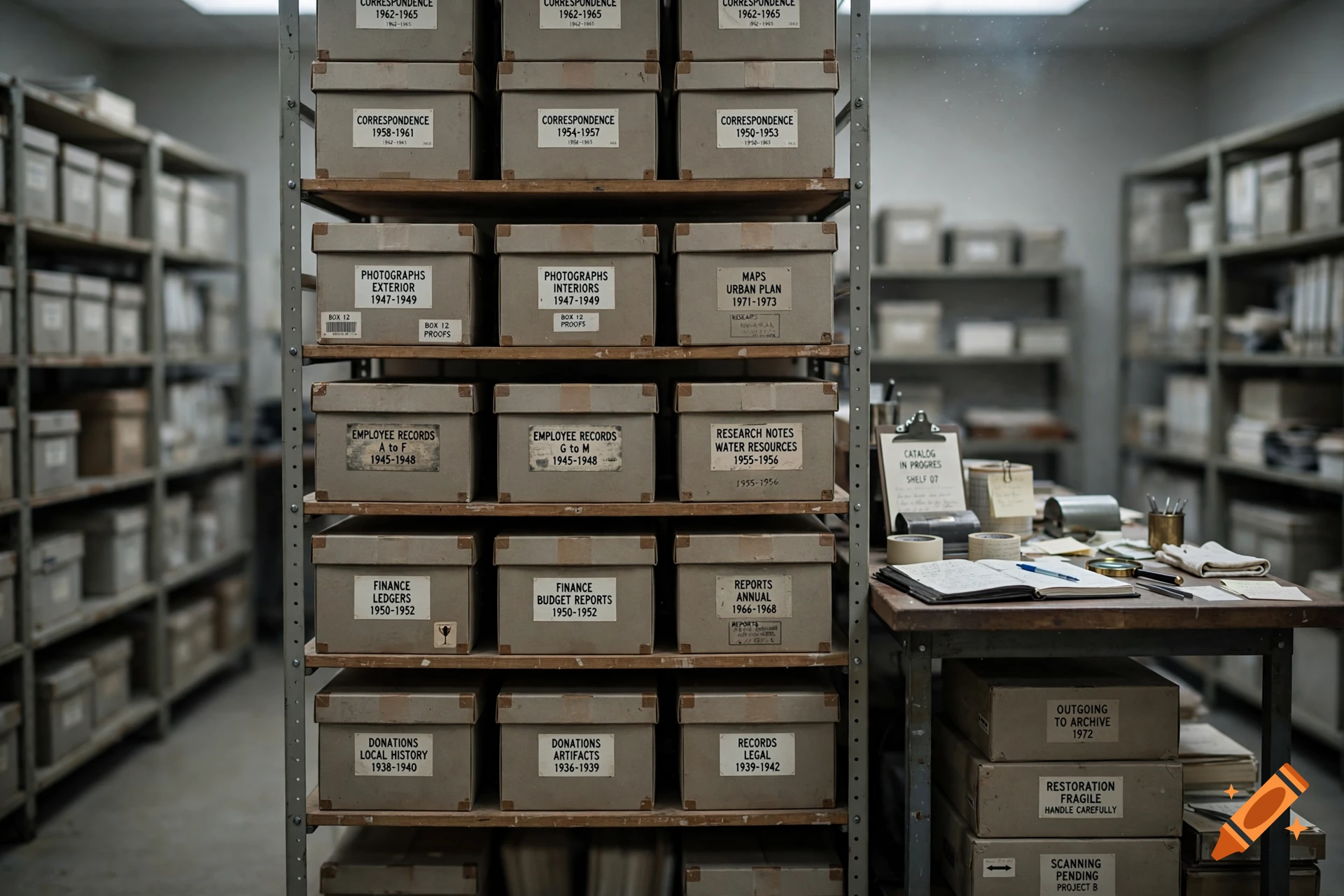 Photorealistic image of an organized archive room with metal shelves filled with labeled cardboard boxes and a desk with a clipboard.
