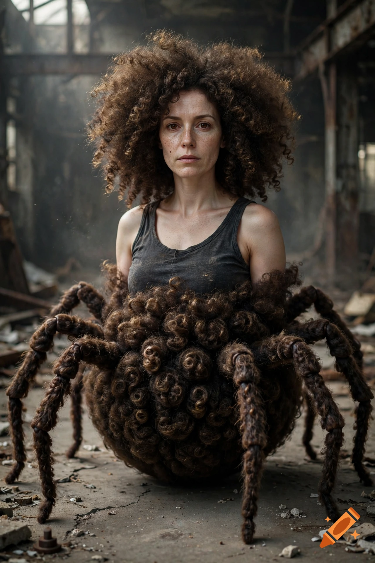 Photorealistic portrait of a woman with a brown afro and the giant body of a spider made of curly hair in a ruined industrial building.
